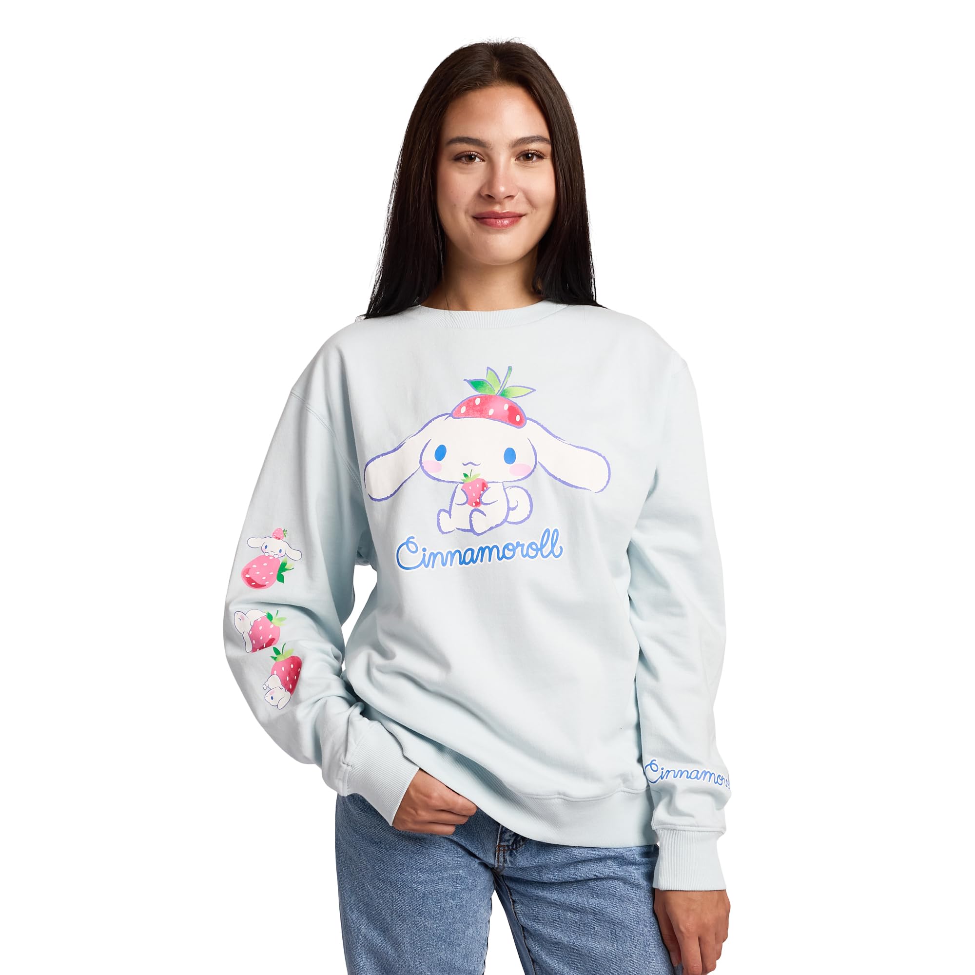 Cinnamoroll Strawberries Women's Light Blue Crew Neck Long Sleeve Fleece Sweatshirt