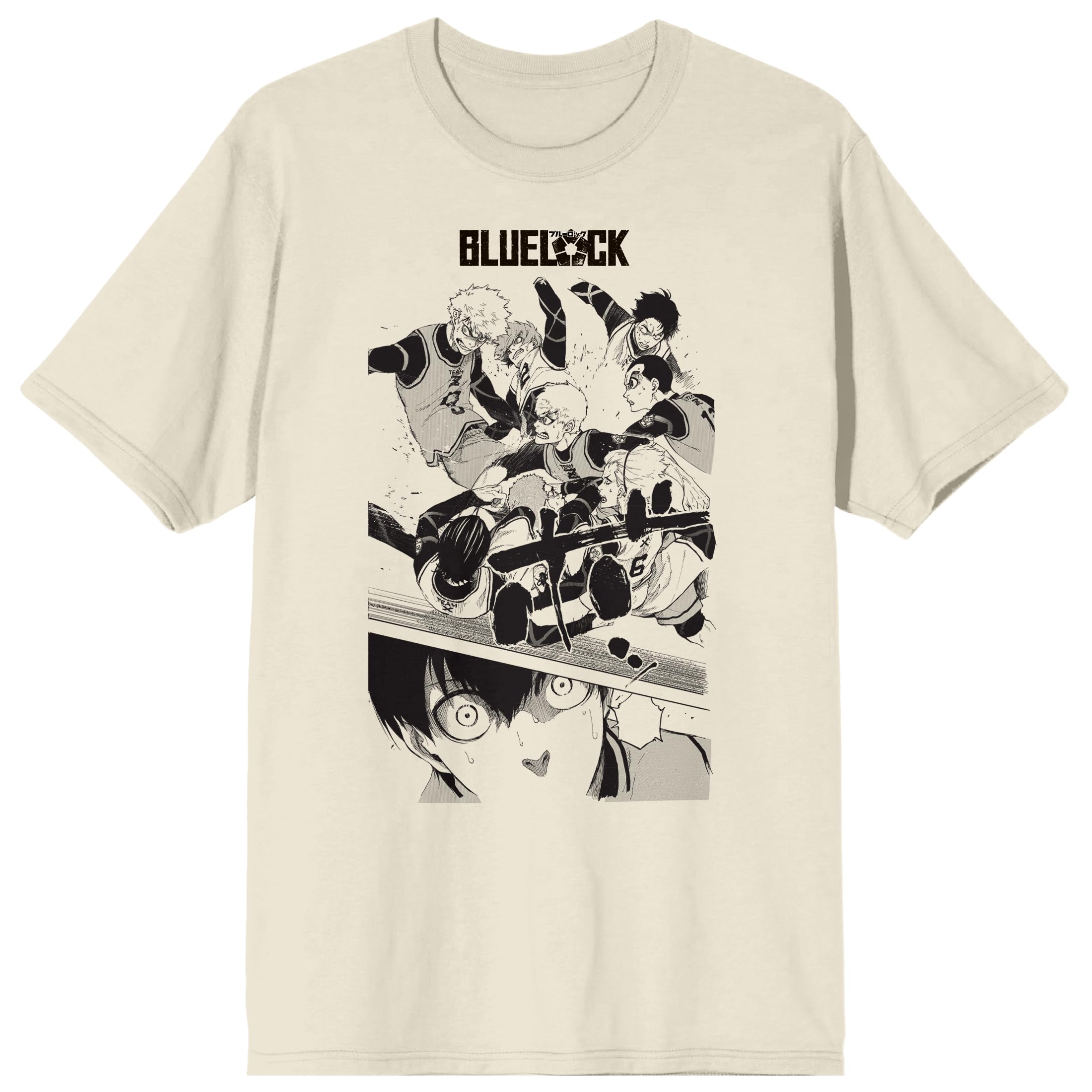 Blue Lock Manga Teams Fighting & Shocked Isagi Crew Neck Short Sleeve Natural Men's T-shirt