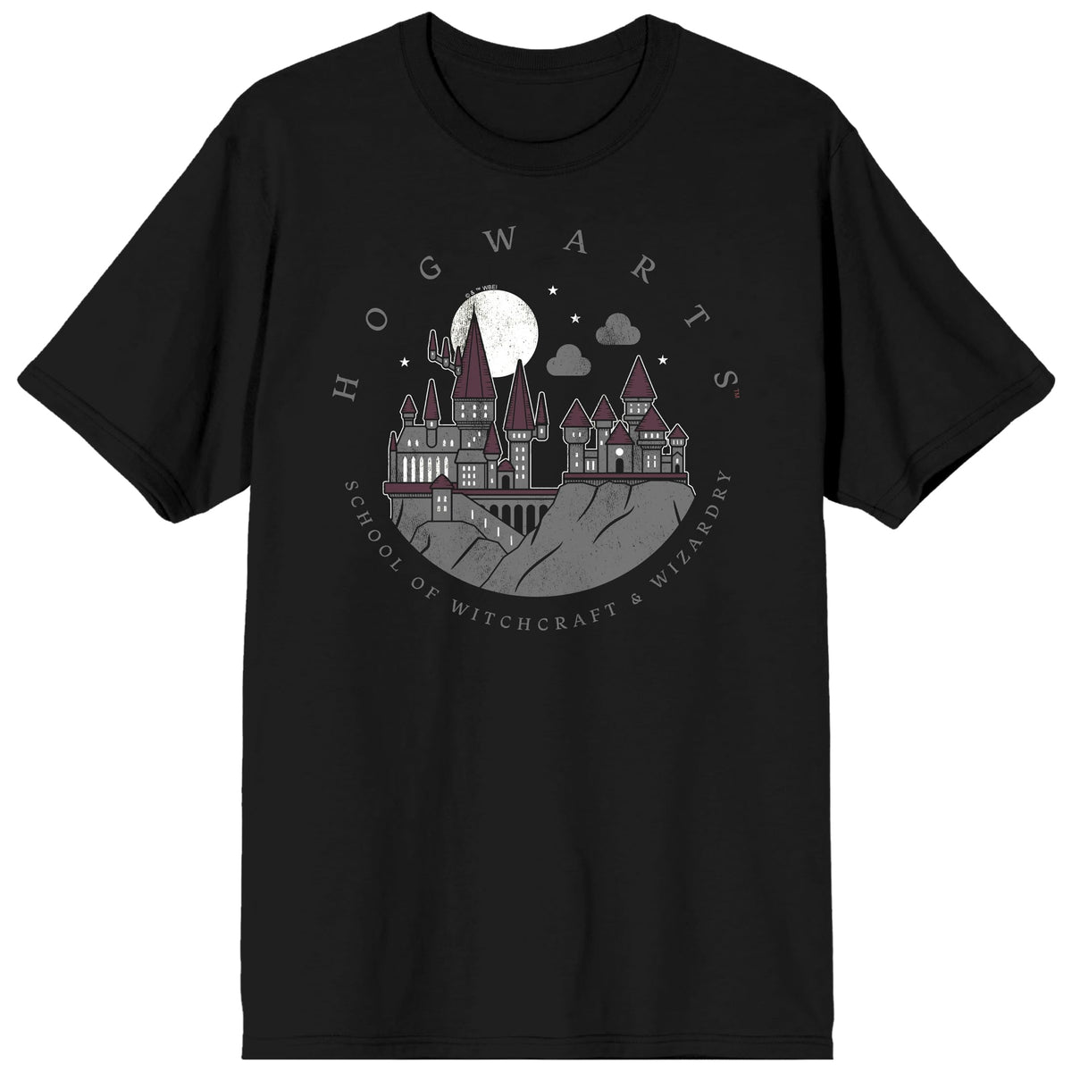 Harry Potter Hogwarts Nighttime Illustration Adult Black Crew Neck Short Sleeve T-shirt