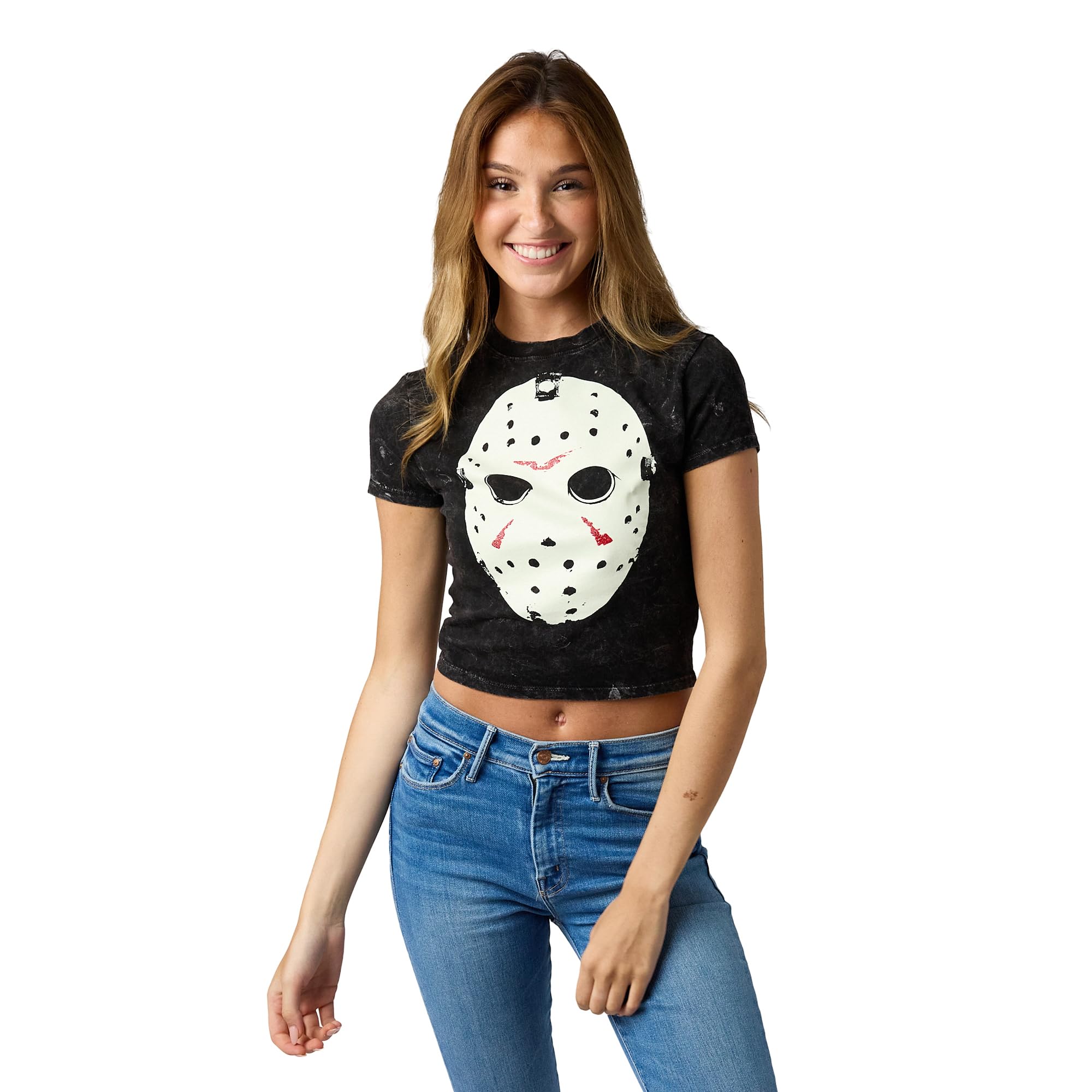 Friday The 13th Hockey Mask Women's Gray Mineral Wash Crew Neck Short Sleeve Cropped Baby Tee