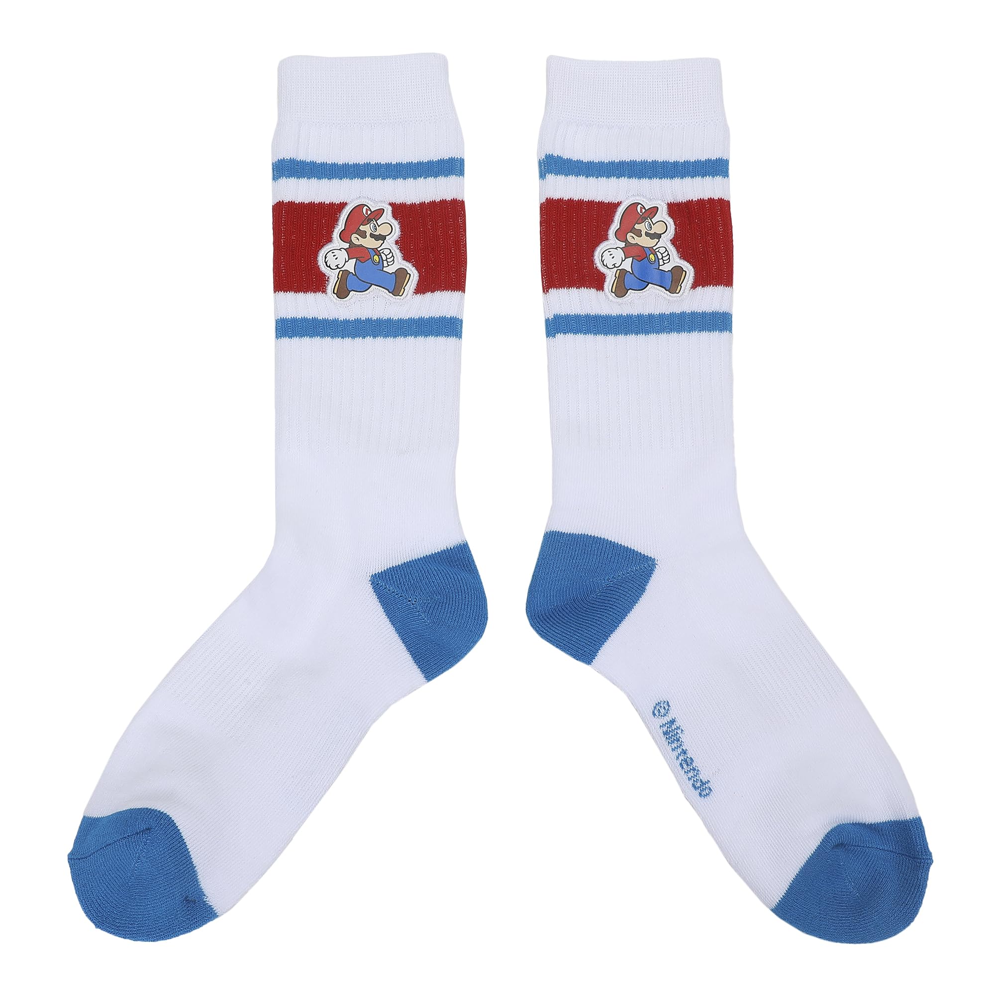 Super Mario Bros Jumping Mario Men's White & Blue Athletic Crew Socks