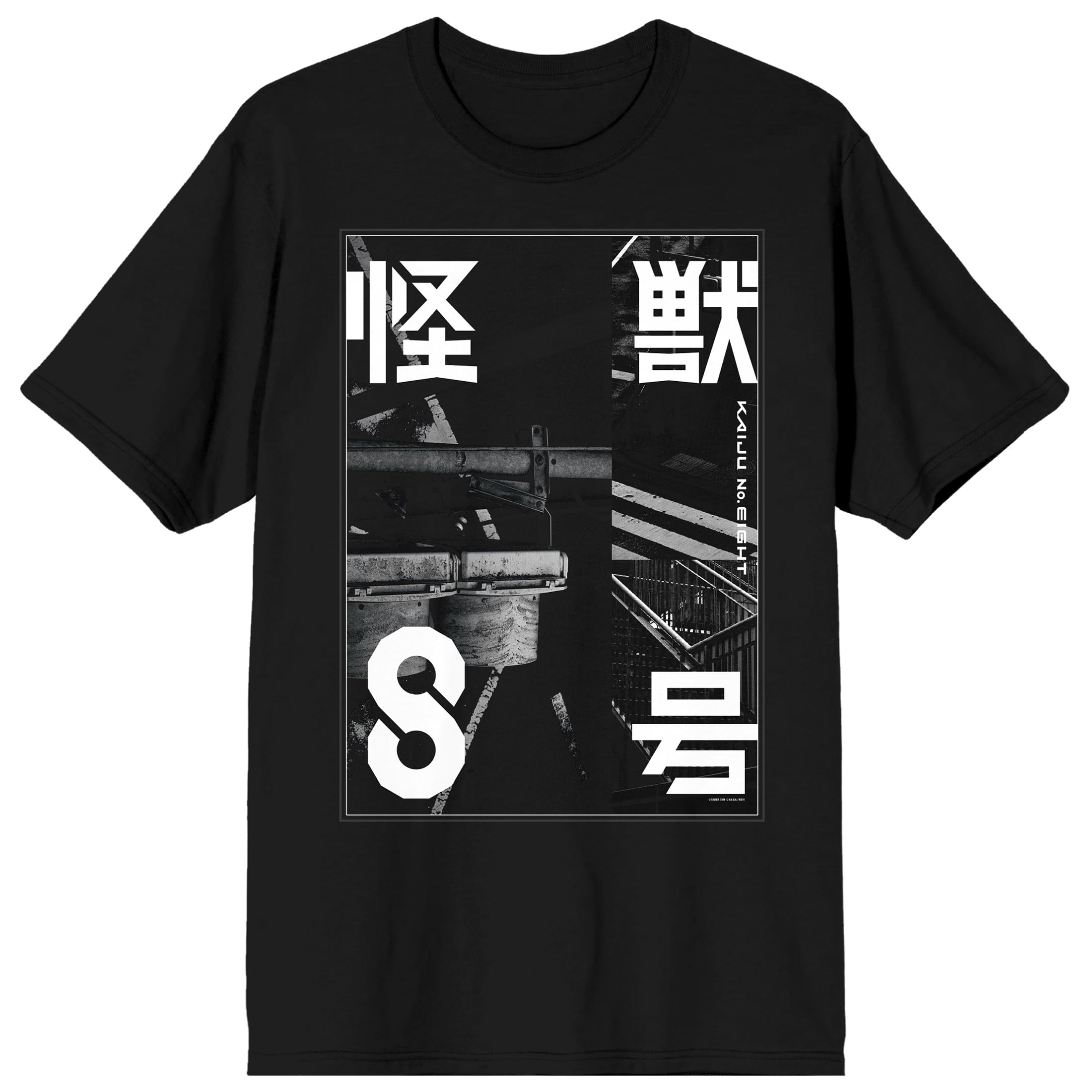 Kaiju No. 8 Kanji Symbols & Street Scenes Crew Neck Short Sleeve Men's Black T-shirt