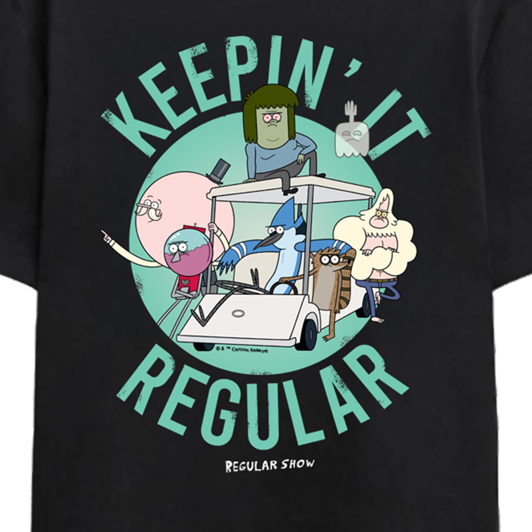 Regular Show Keepin It Regular Golf Cart Crew on Black Adult Crew Neck Short Sleeve T-shirt