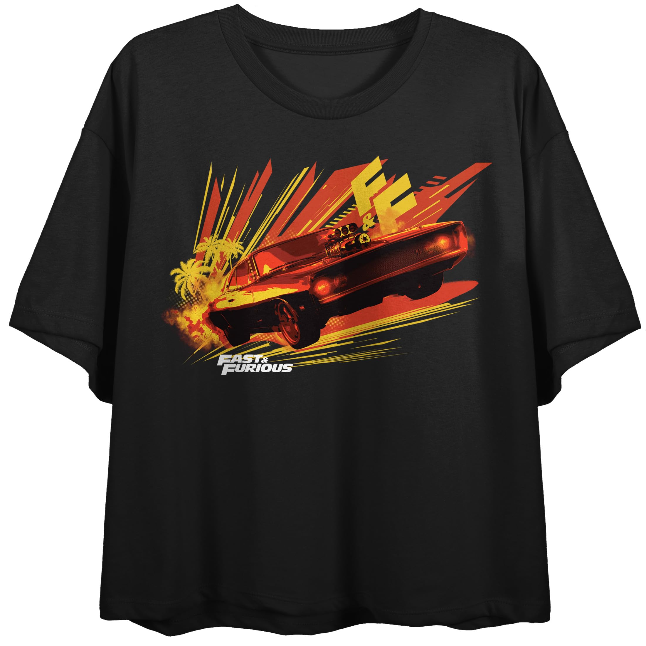 Fast & Furious Dodge Challenger Vector Art Crew Neck Short Sleeve Women's Black Crop Top