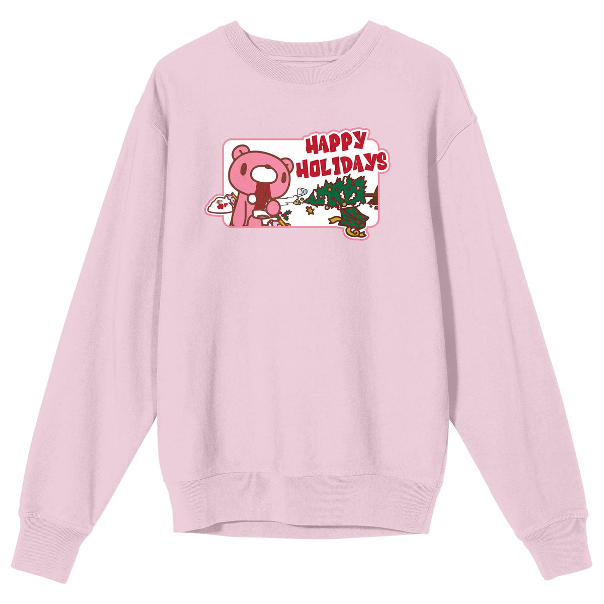 Gloomy Bear - Happy Holidays, Pink Bear, Scattered Christmas Decorations on Cradle Pink Adult Crew Neck Sweatshirt