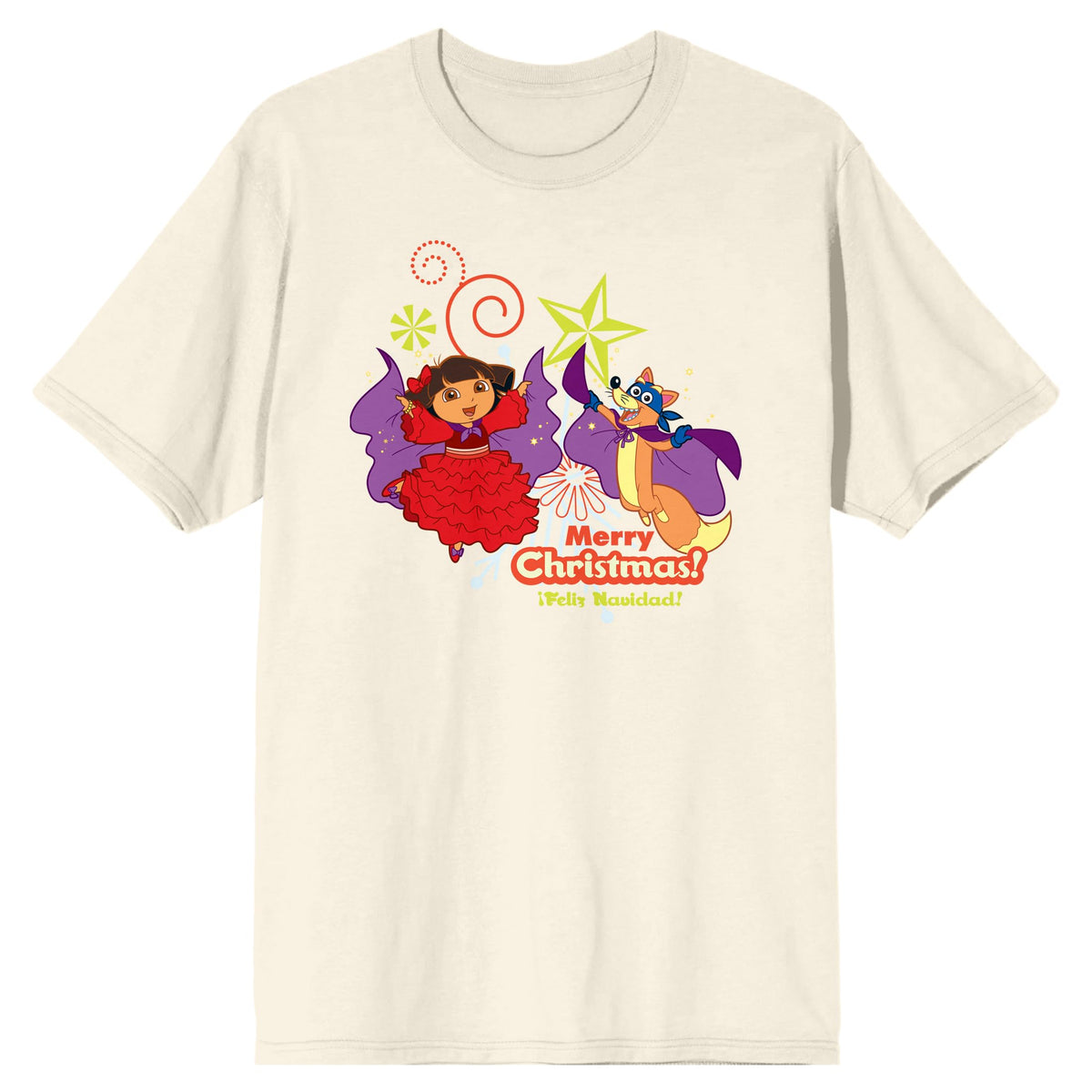 Dora The Explorer Dora & Swiper Merry Christmas Feliz Navidad Adult Natural Crew Neck Short Sleeve T-shirt