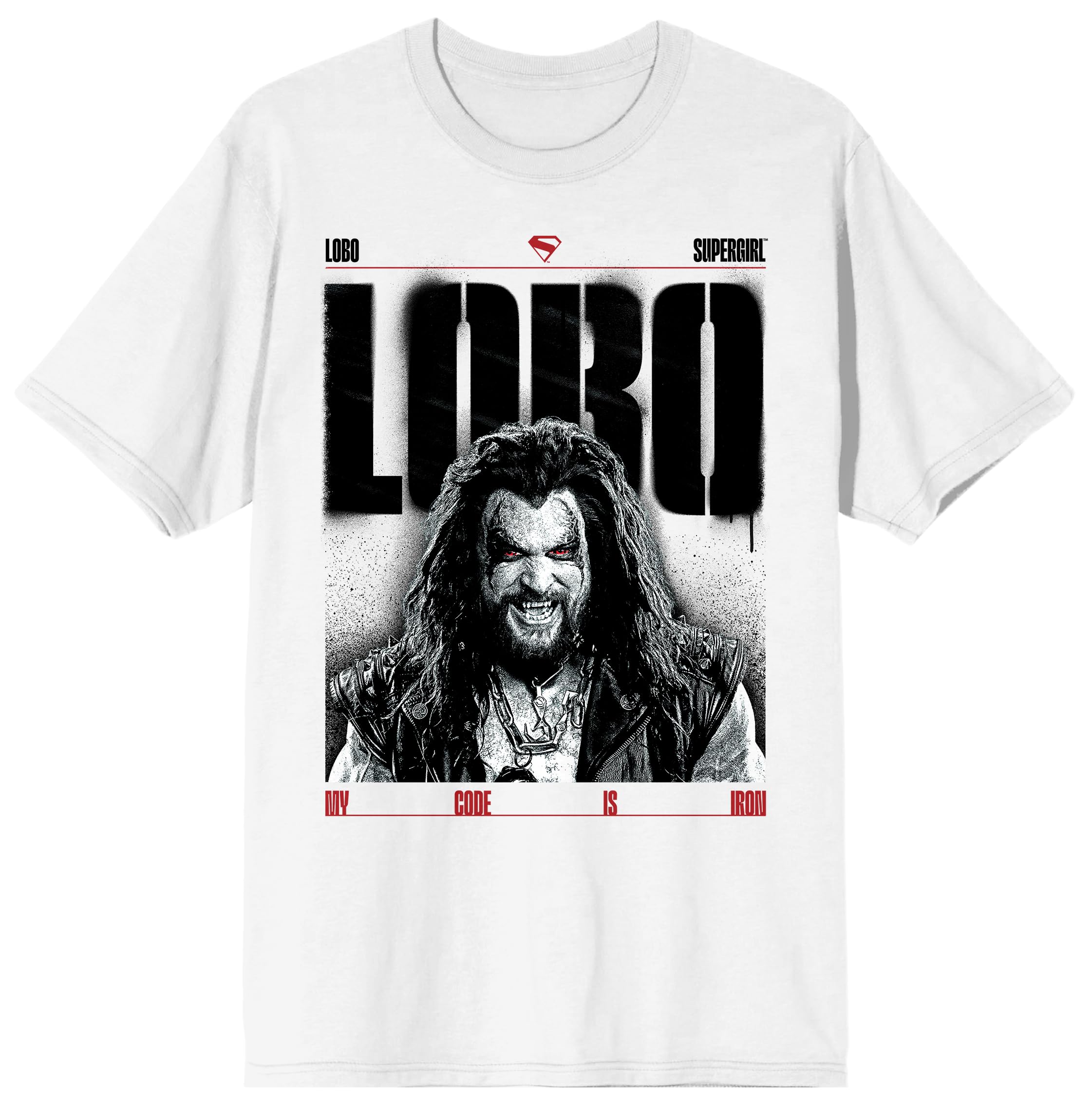 Supergirl Movie (2026) Lobo My Code Is Iron B&W Poster Art Men’s White Crew Neck Short Sleeve T-shirt