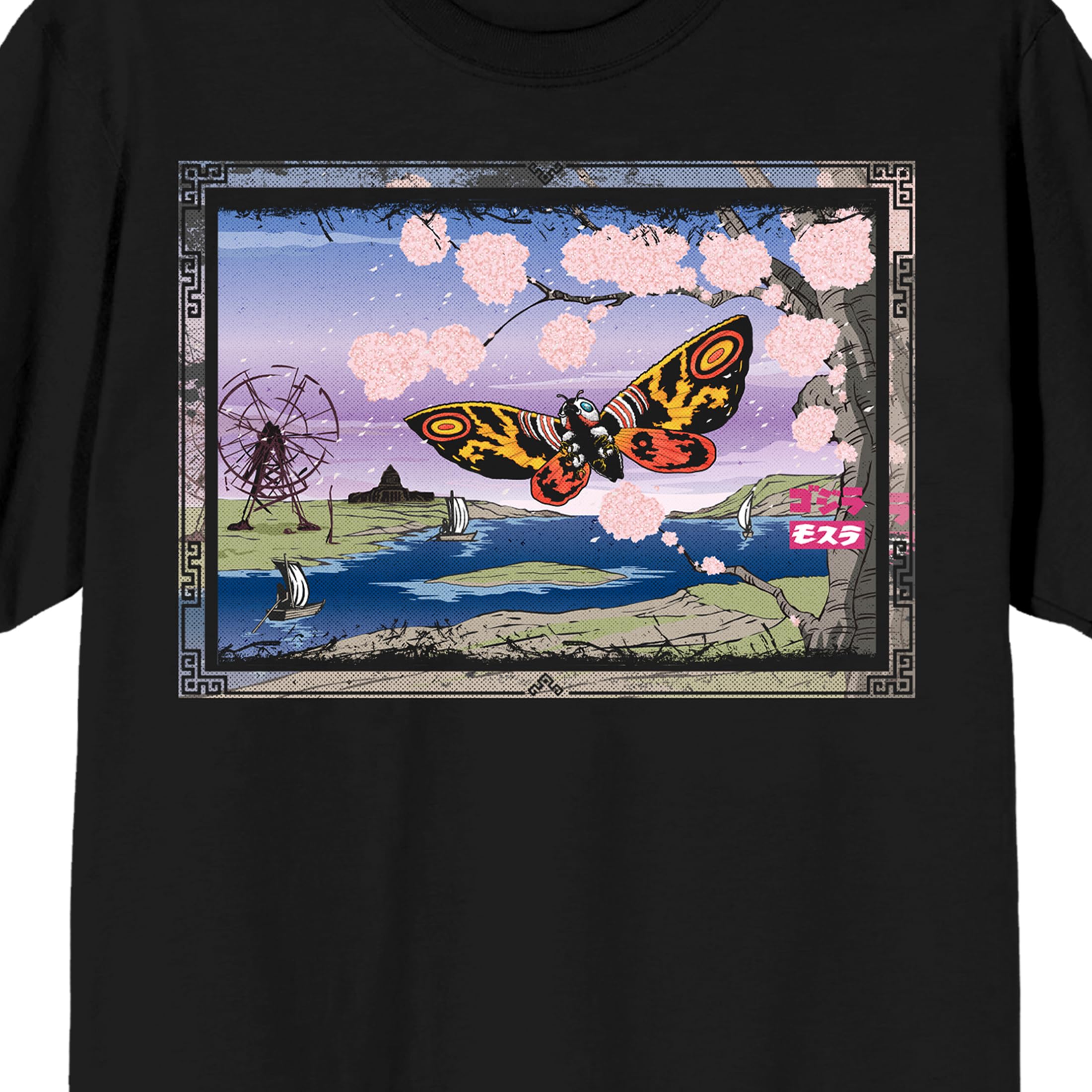Godzilla Classic Mothra with Cherry Blossom Tree and River Adult Black Short Sleeve Tee