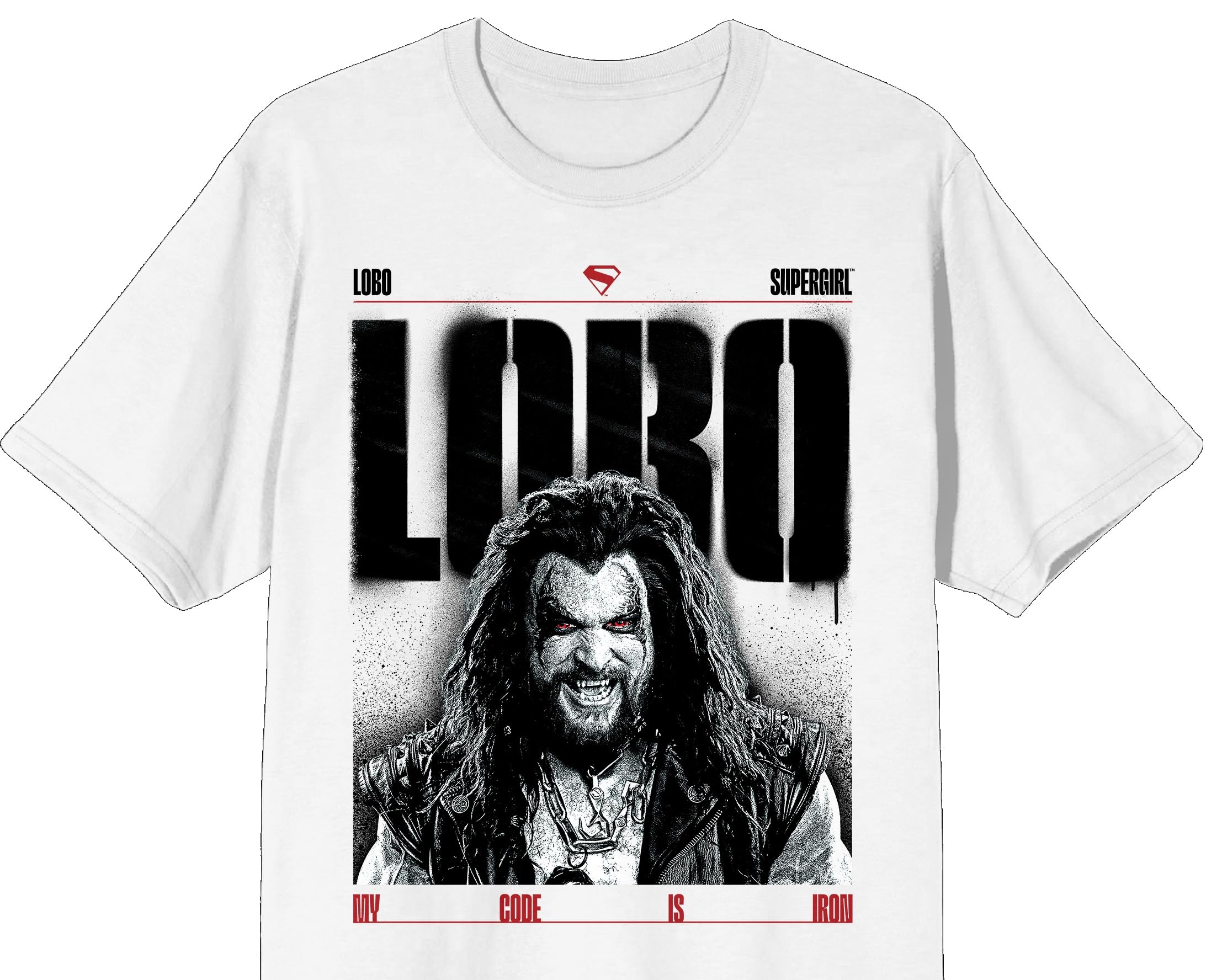 Supergirl Movie (2026) Lobo My Code Is Iron B&W Poster Art Men’s White Crew Neck Short Sleeve T-shirt