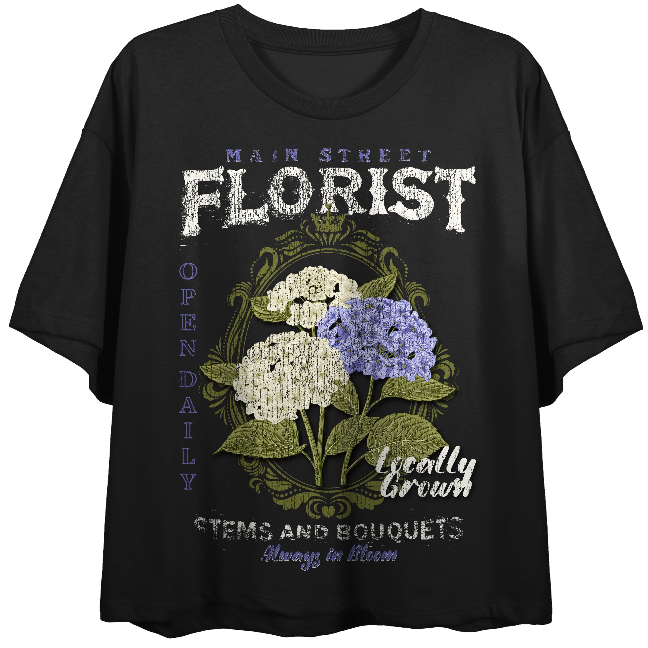 Main Street Florist Locally Grown Crew Neck Short Sleeve Women's Black Crop Top