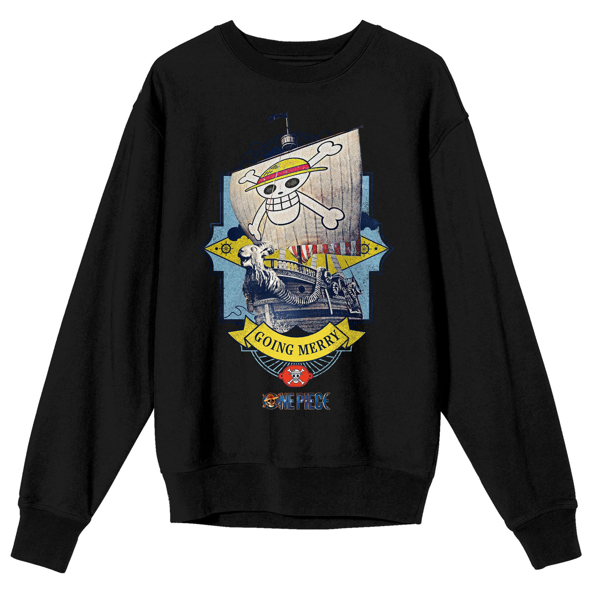 One Piece (Live Action) Going Merry Pirate Ship Adult Black Crew Neck Sweatshirt