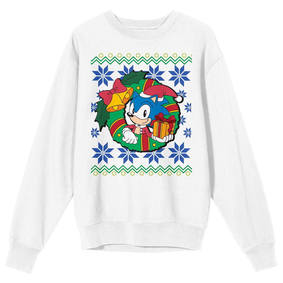 Sonic The Hedgehog Sonic Christmas Wreath Crew Neck Long Sleeve White Adult Sweatshirt