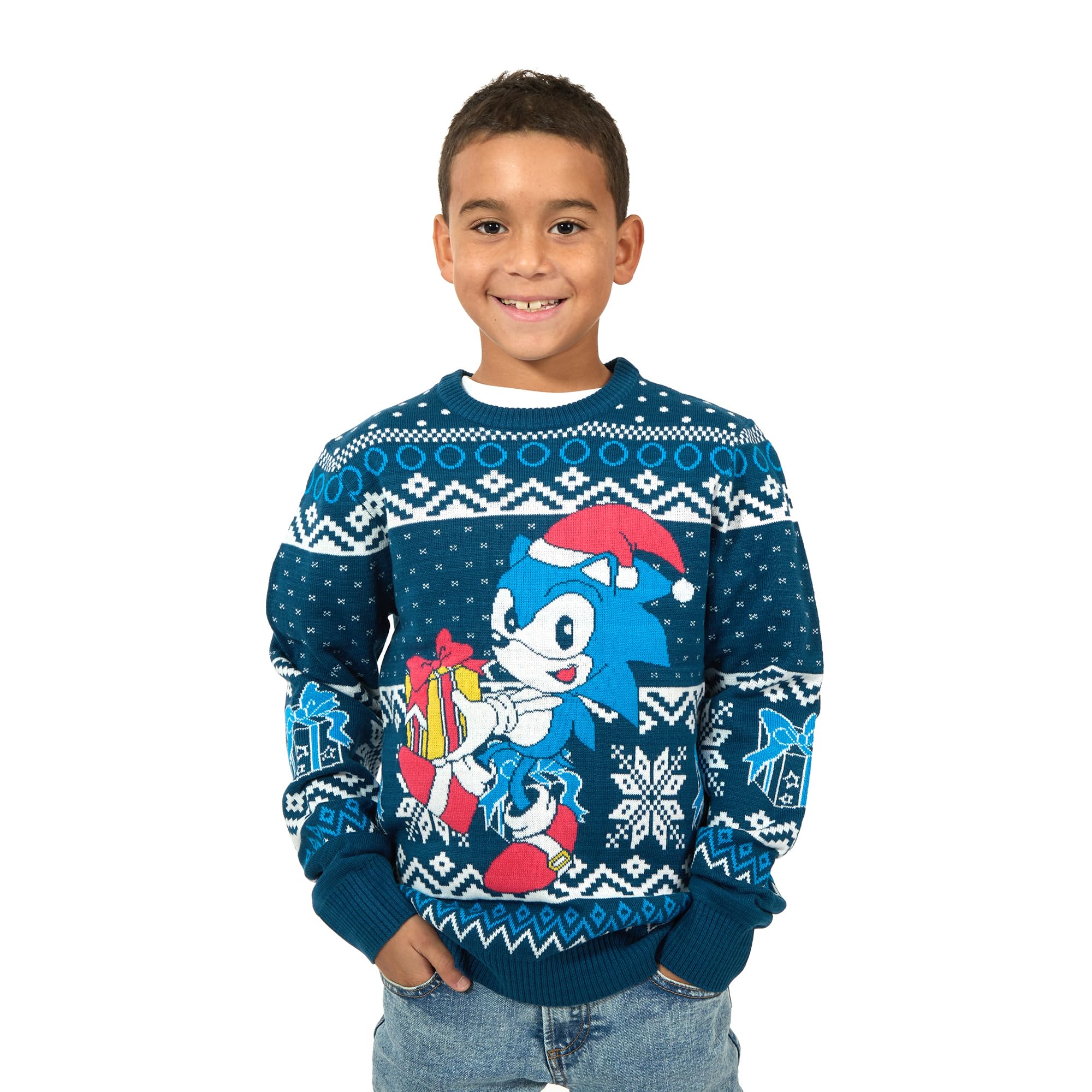 Sonic The Hedgehog Holiday Presents & Snowflakes Crew Neck Long Sleeve Boy's Navy Sweater