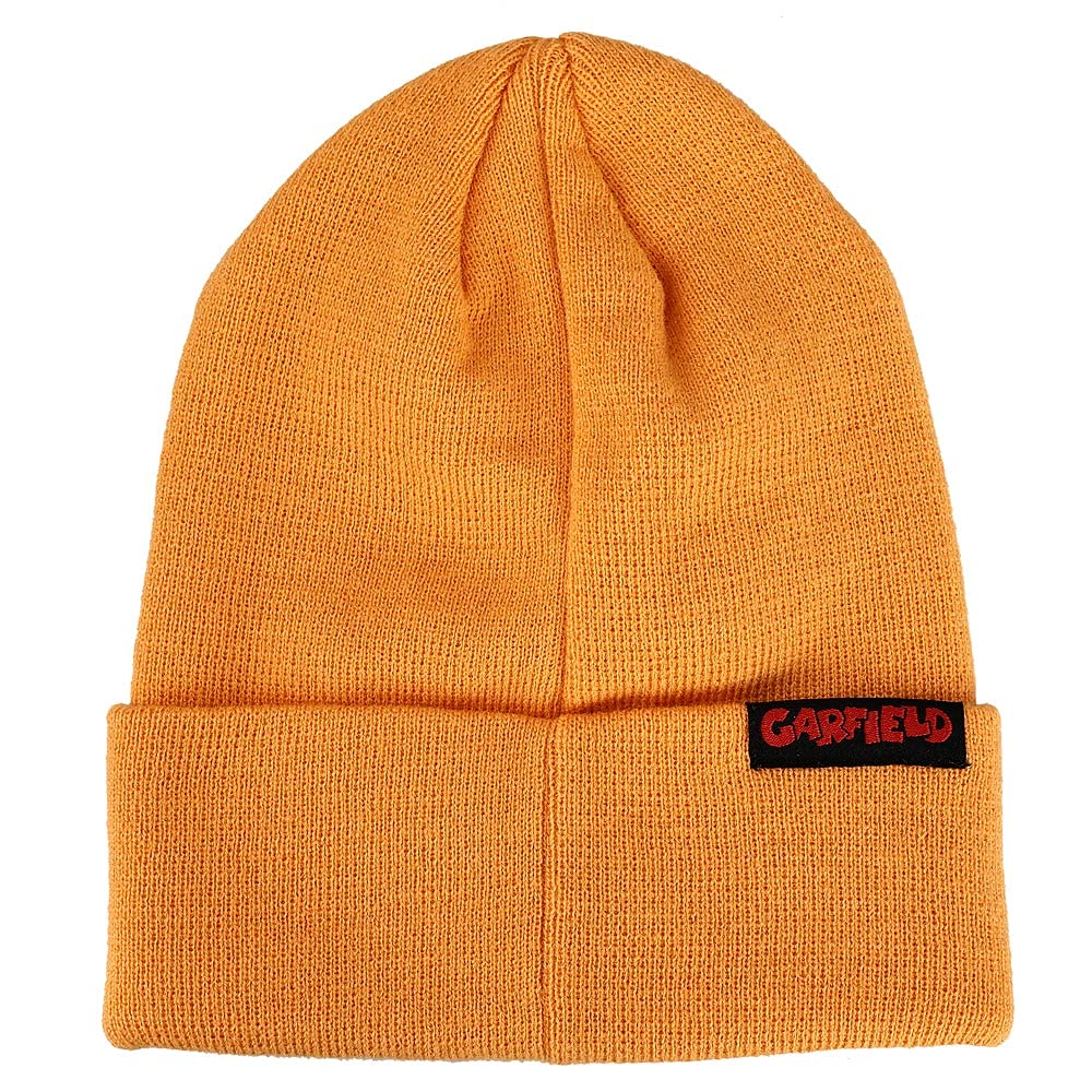 Garfield Face Character Cuffed Flat Embroidery Logo on Orange Acrylic Knitted Woven Beanie
