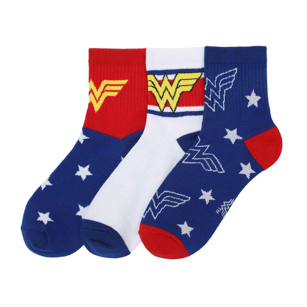 Wonder Woman Logo Red, White and Blue Athletic 3-Pack Quarter Crew Ankle Socks
