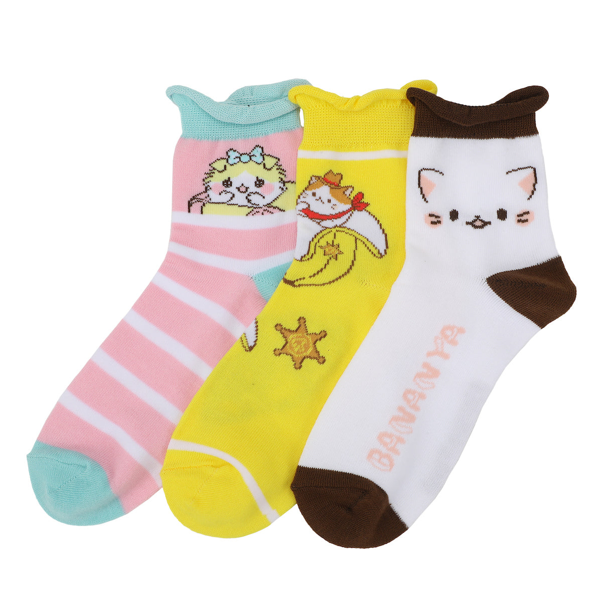 Bananya Character Art Women's 3-Pair Casual Quarter Crew Socks