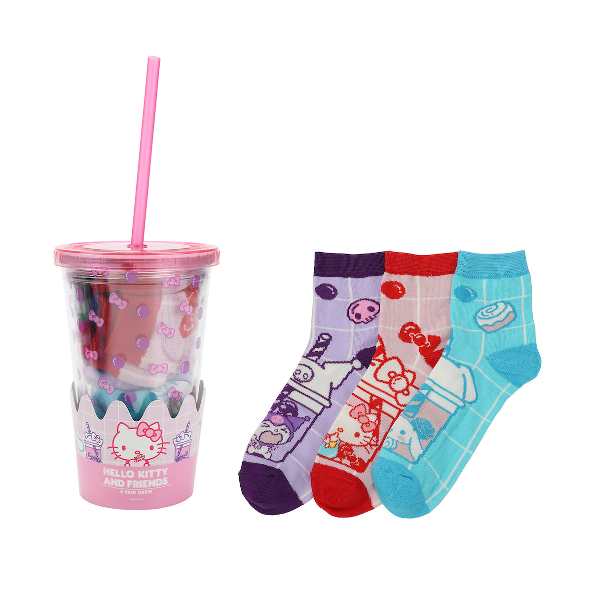 Hello Kitty & Friends Women's 3-Pair Quarter Crew Socks With Reusable Water Bottle