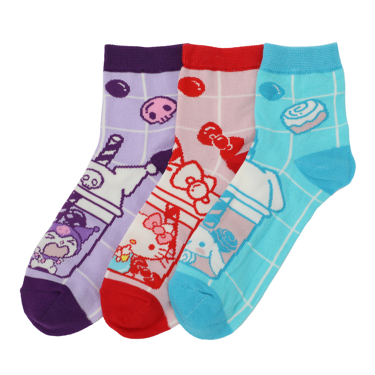 Hello Kitty & Friends Women's 3-Pair Quarter Crew Socks With Reusable Water Bottle