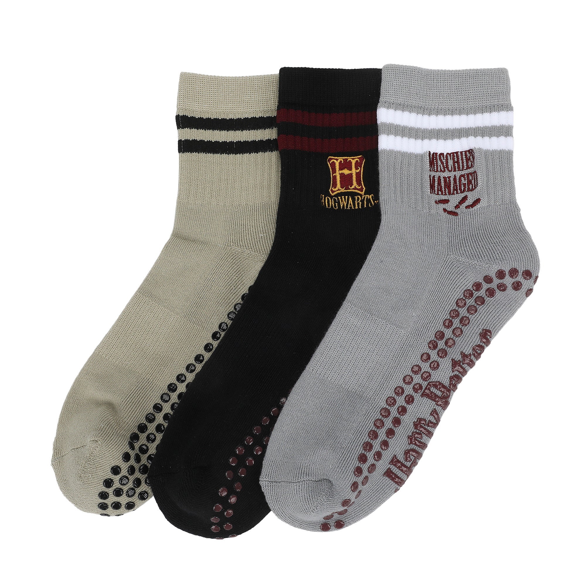 Harry Potter Hogwarts Mischief Managed Women’s 3-Pair Pack Plate Grip Quarter Crew Socks