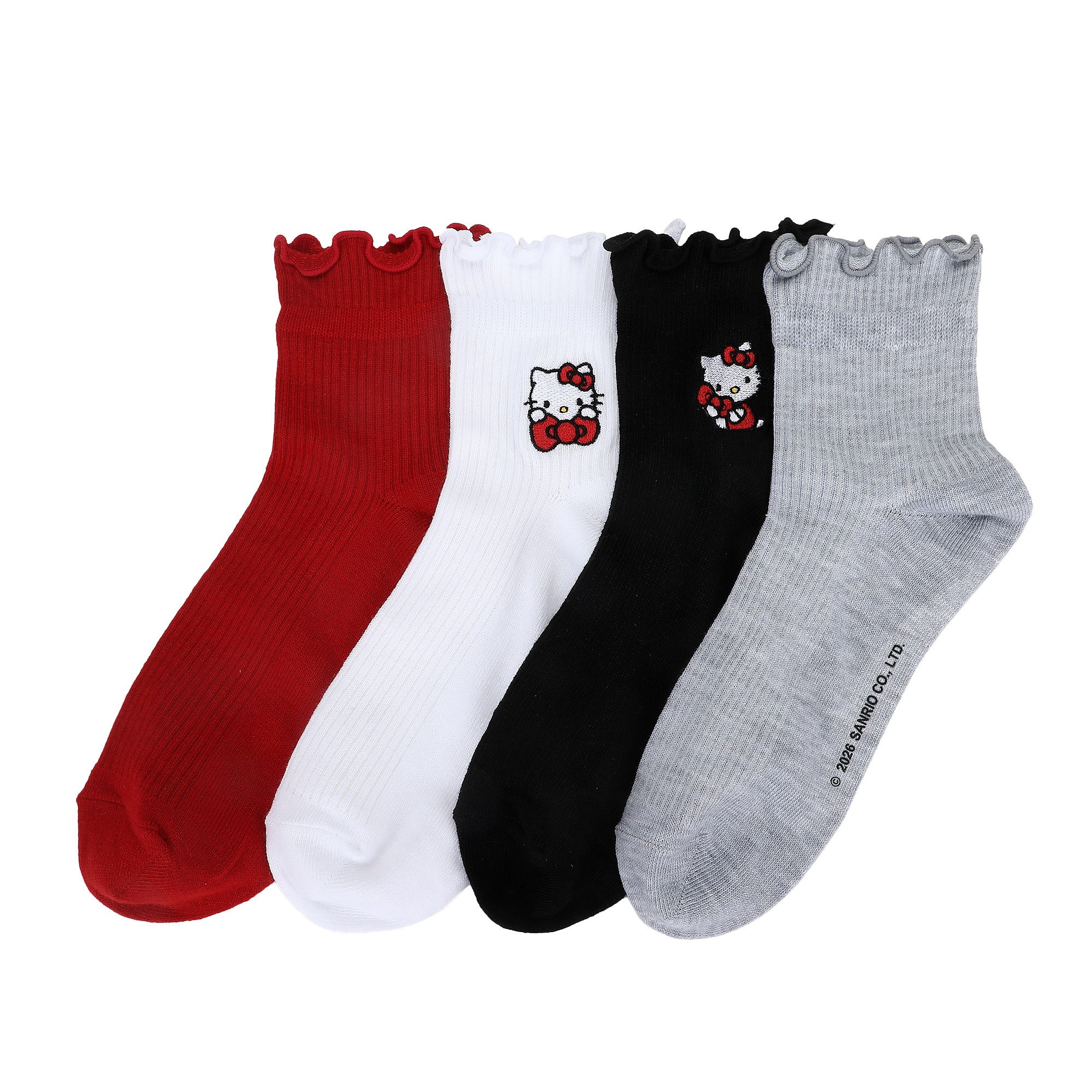 Hello Kitty Character Art Women’s 4-Pair Pack Ruffle Cuff Quarter Crew Socks
