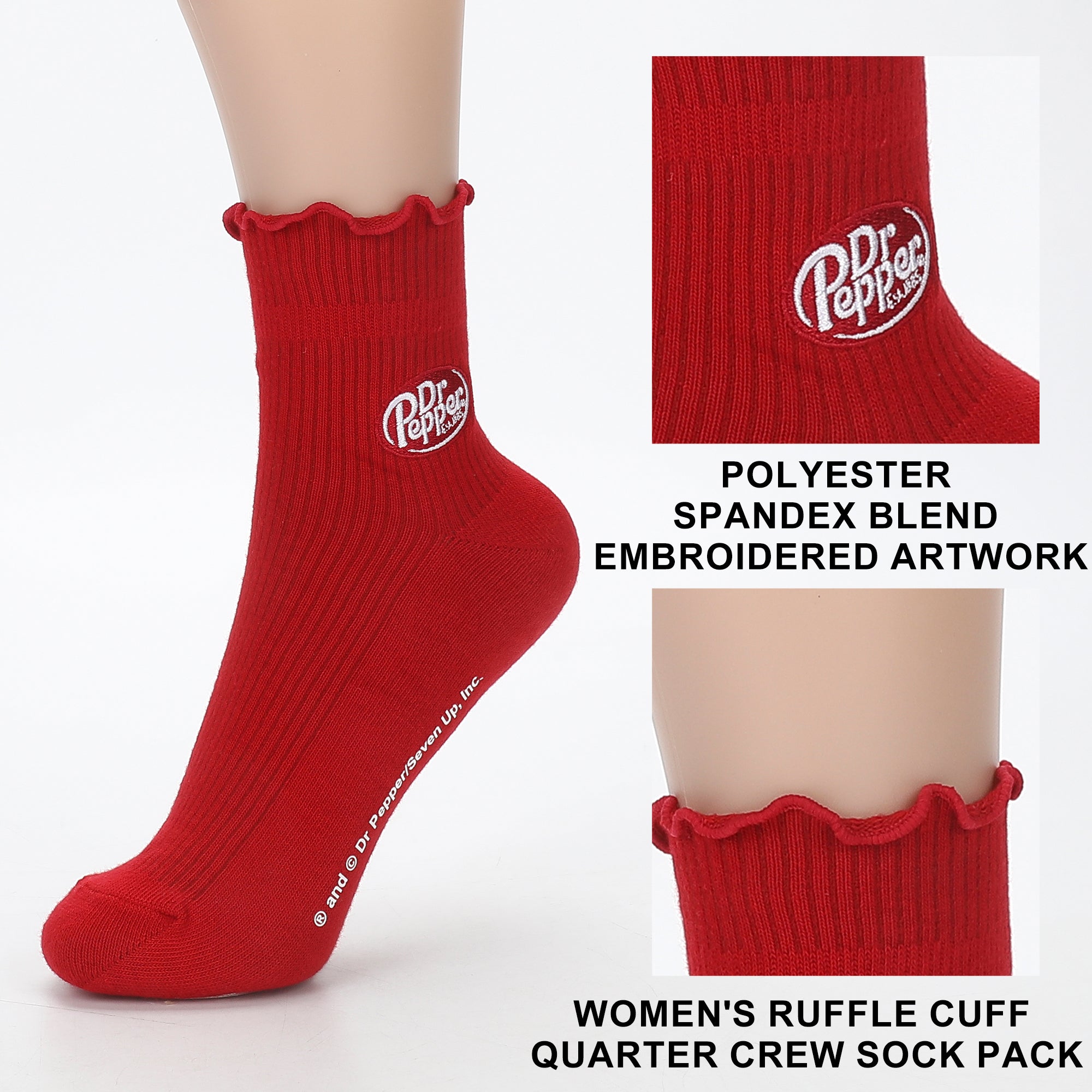 Dr Pepper Classic Logo Women’s Quarter Crew Ruffle Socks (Pack of 4)
