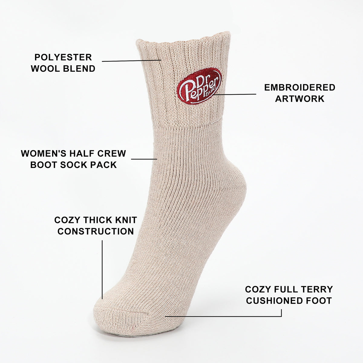 Dr Pepper Embroidered Logo Quarter Crew Socks For Women