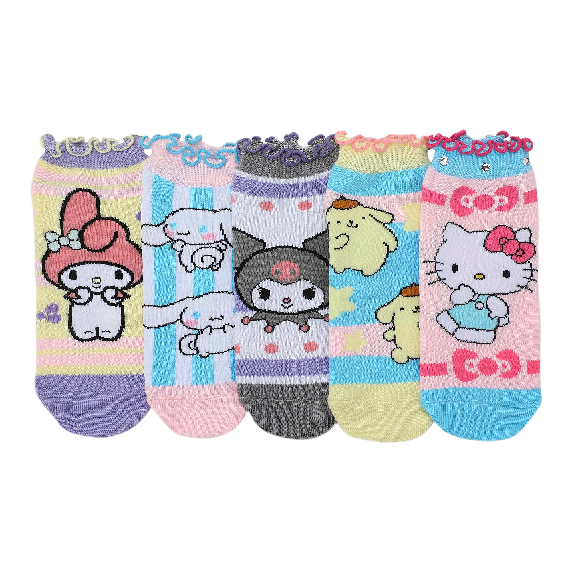 Hello Kitty & Friends Rhinestone Character Art Women's 5-Pair Ankle Socks-OSFA