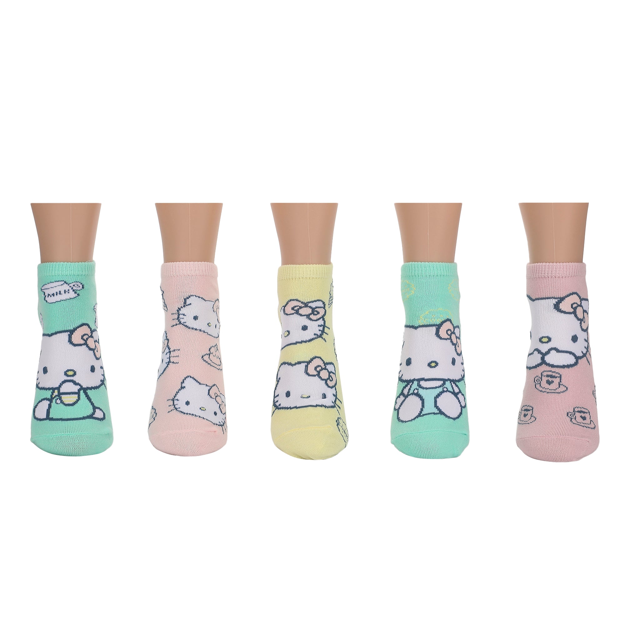 Hello Kitty Characters AOP Scalloped Cuffs Womens Ankle Socks 5 Pack