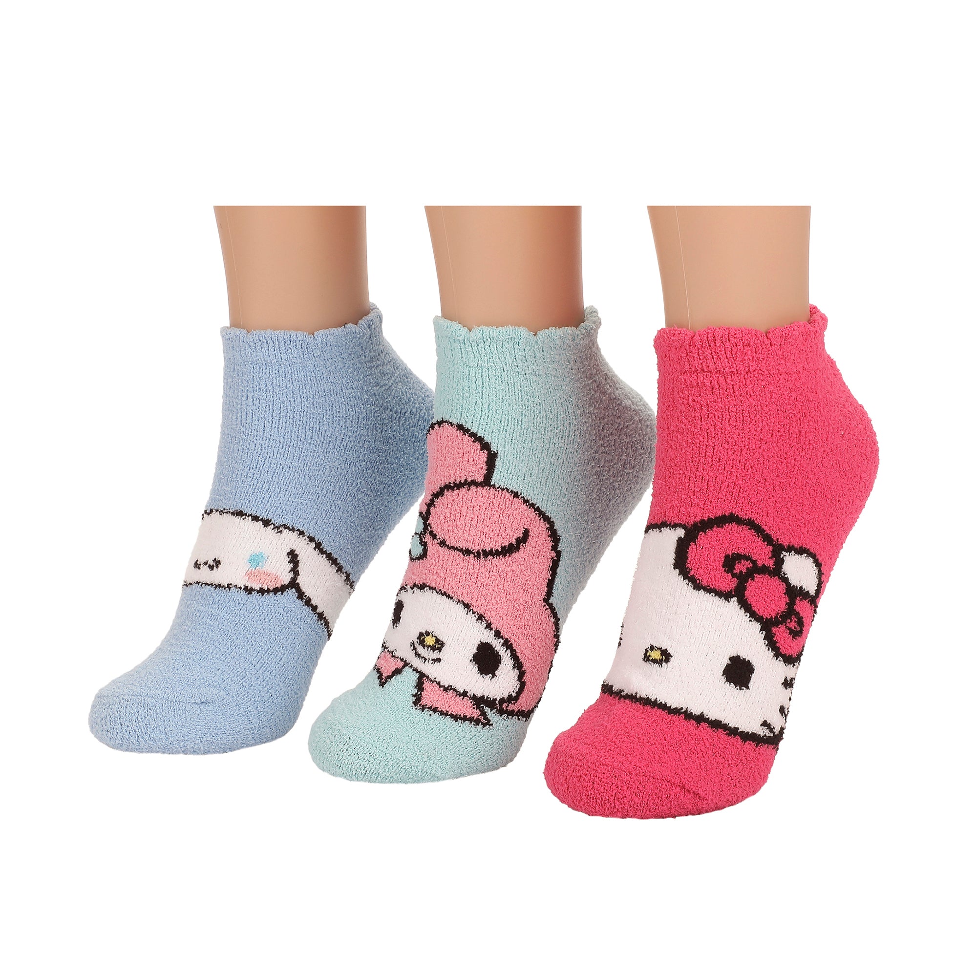 Hello Kitty My Melody, Hello Kitty, My Melody And Cinnamoroll Womens Ankle Socks 3 Pack