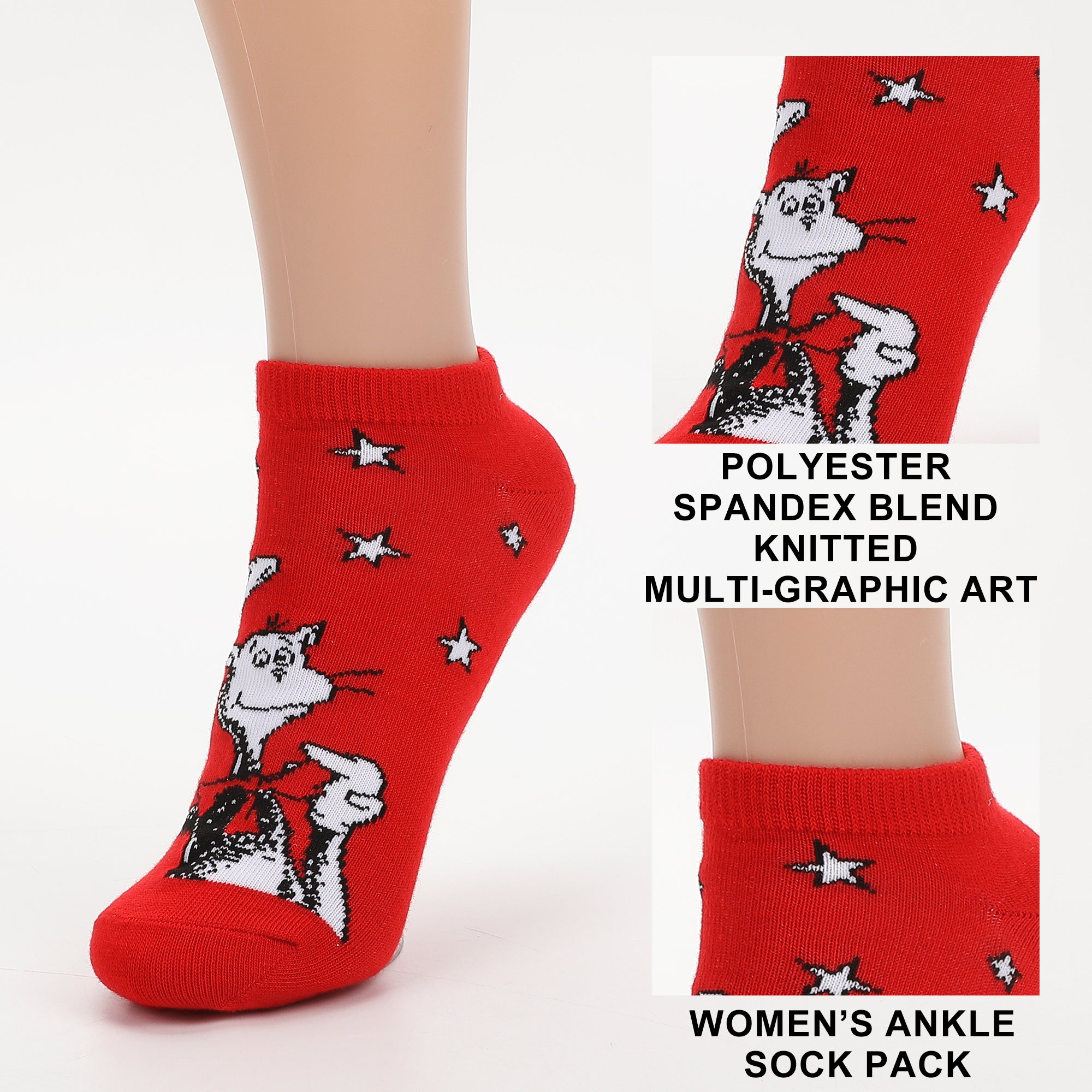 Dr. Seuss The Cat In The Hat Characters Women’s 5-Pair Pack Ankle Socks