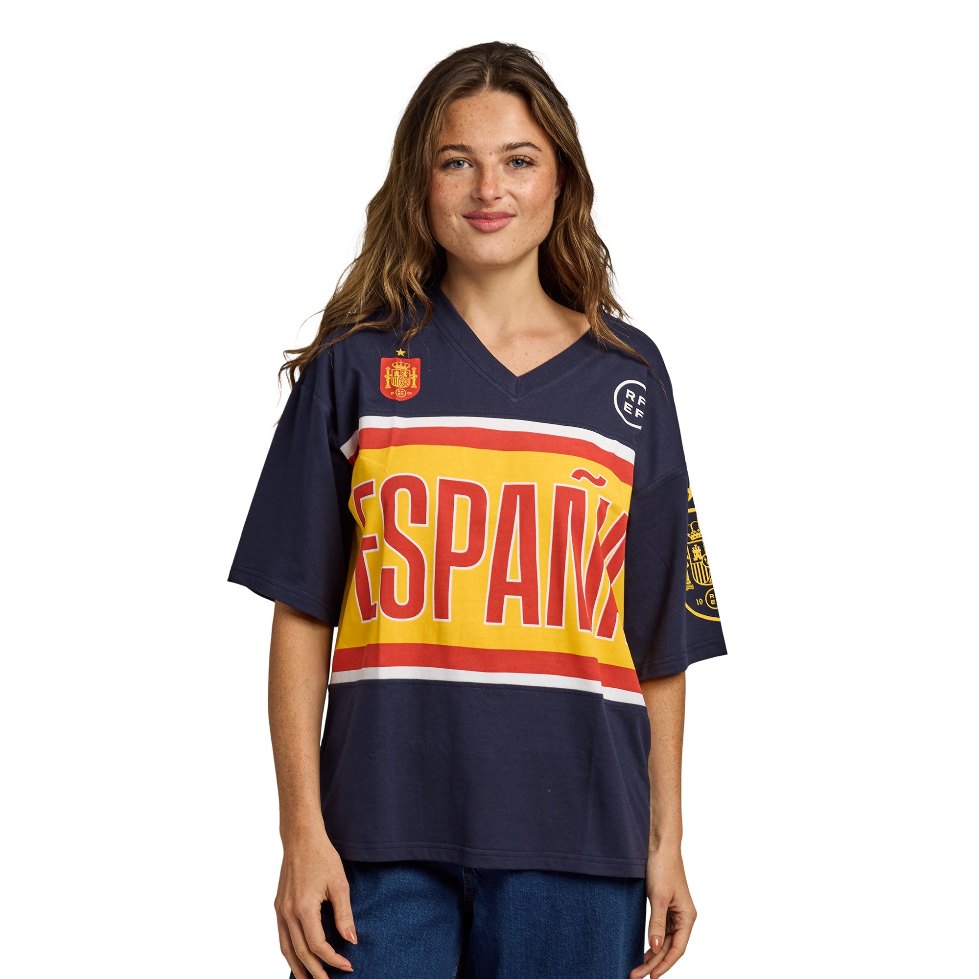 Spain Soccer Federation Espana Logo Women’s Navy Crew Neck Short Sleeve T-shirt