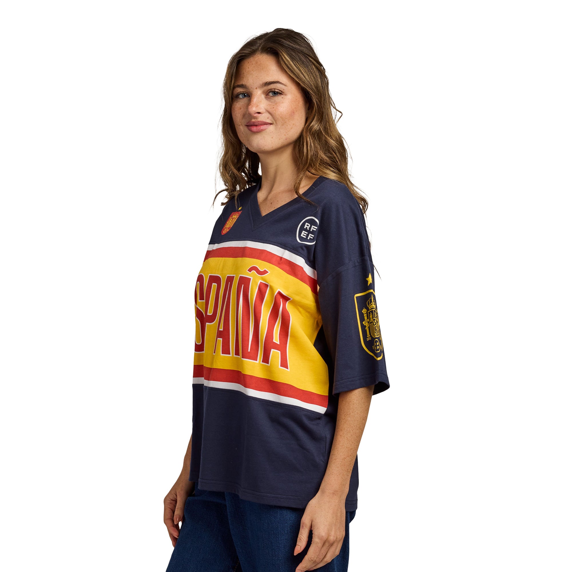 Spain Soccer Federation Espana Logo Women’s Navy Crew Neck Short Sleeve T-shirt