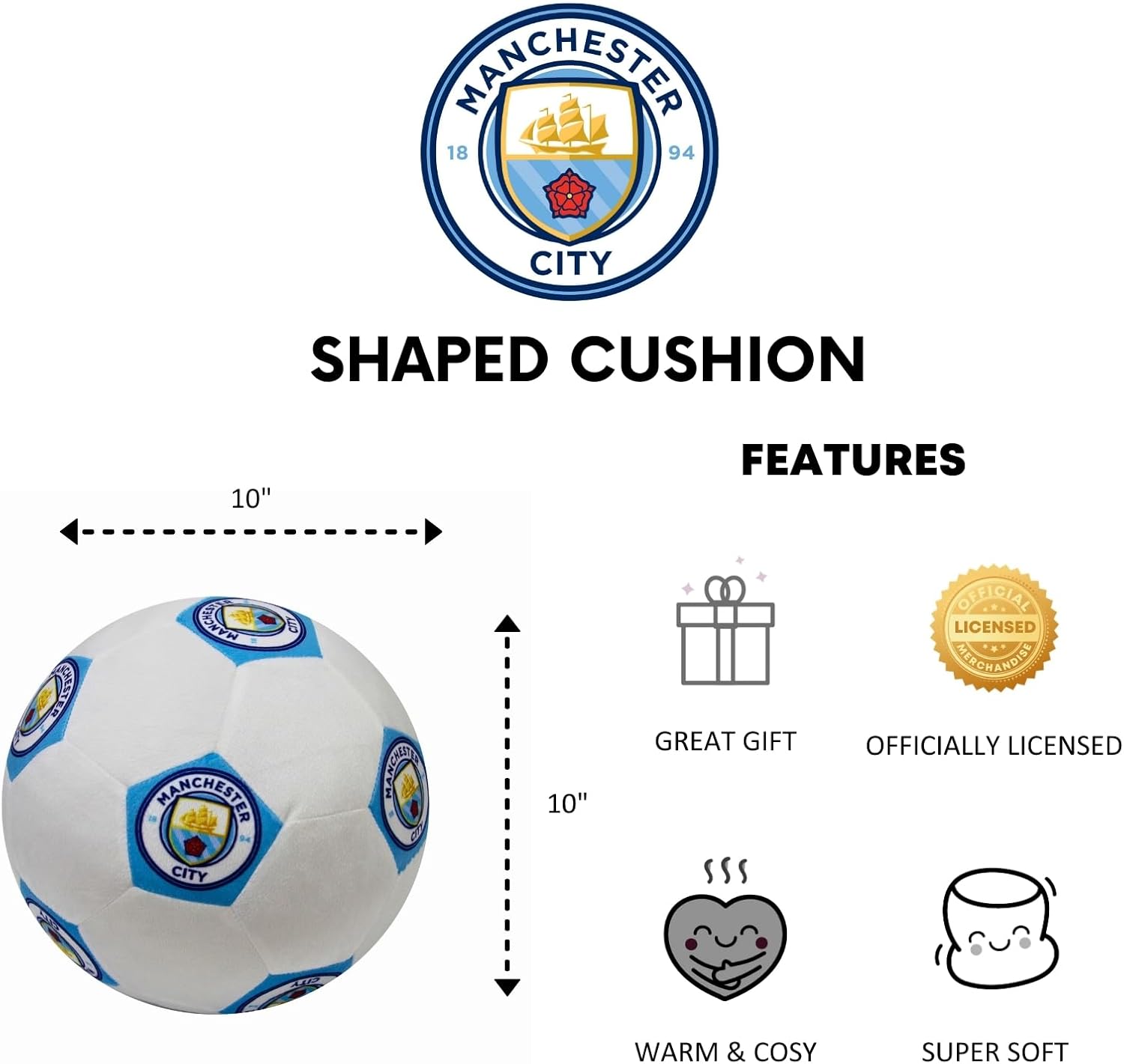 Manchester City FC Official Ball Shaped Football Design Blue Cushion