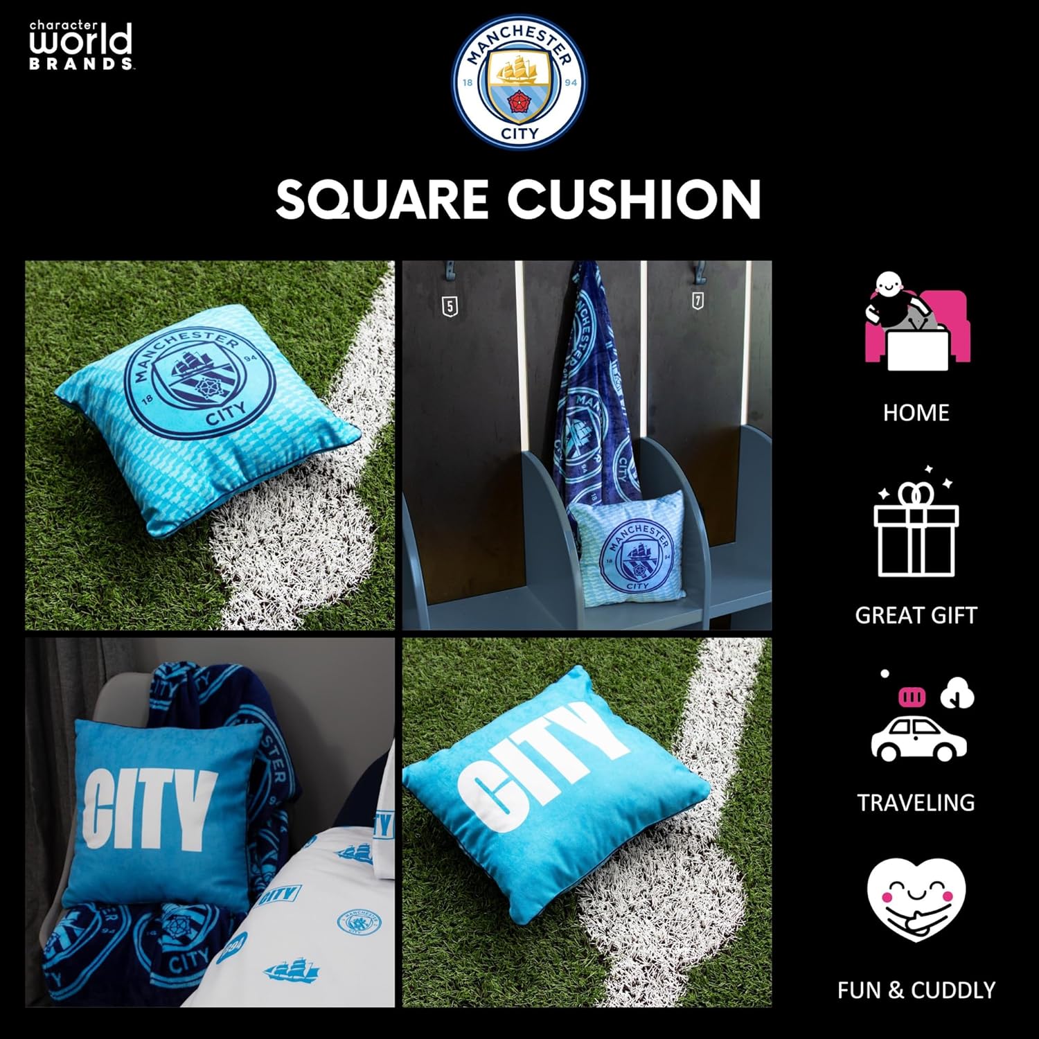 Manchester City FC Character World Official Blue Reversible 2 Sided Cushion (16 x 16 Inches)