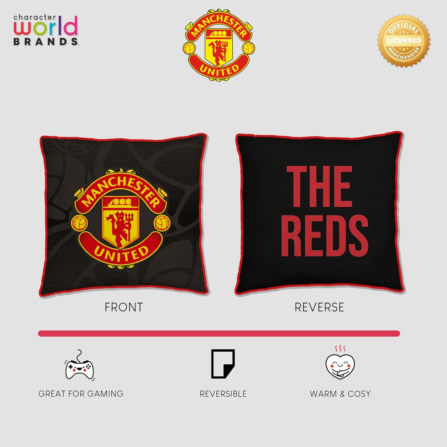 Manchester United FC Official Reversible 2 Sided Red Cushion (16 x 16 Inches)