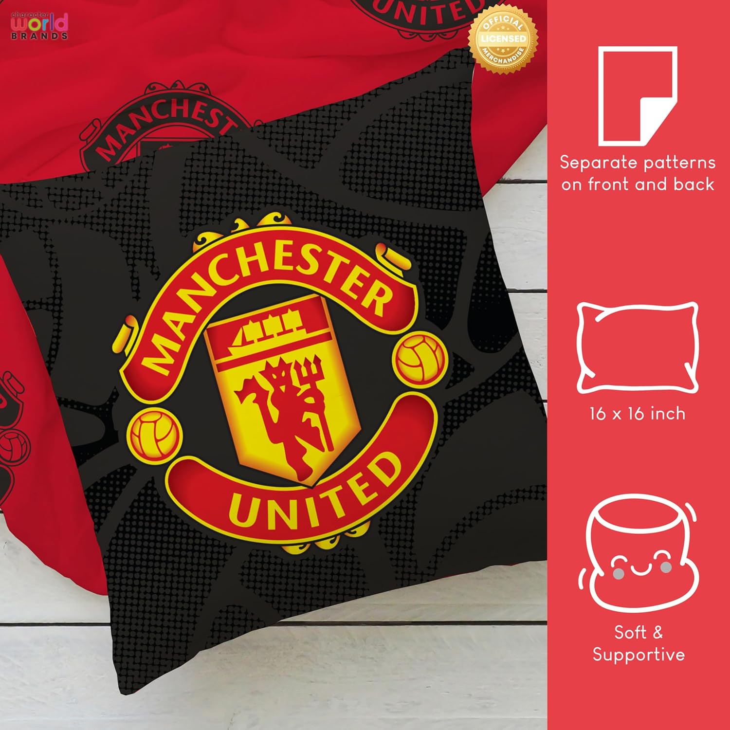 Manchester United FC Official Reversible 2 Sided Red Cushion (16 x 16 Inches)