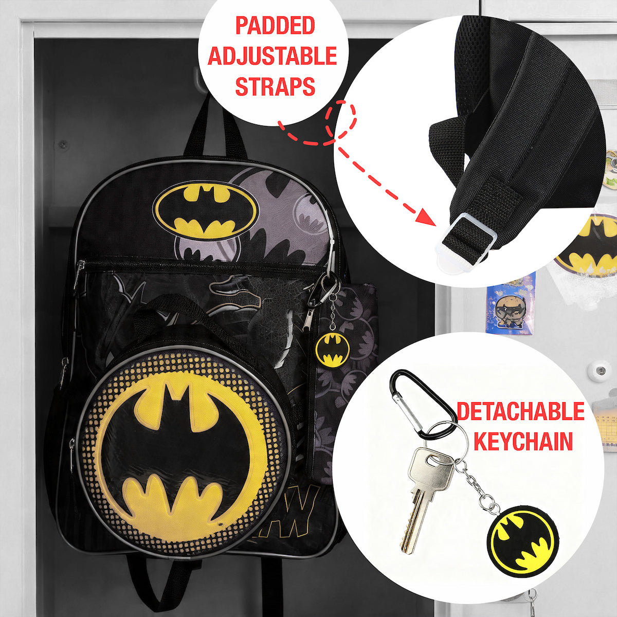 DC Comic Book Batman Symbol 5-Piece Backpack Accessory Set for boys