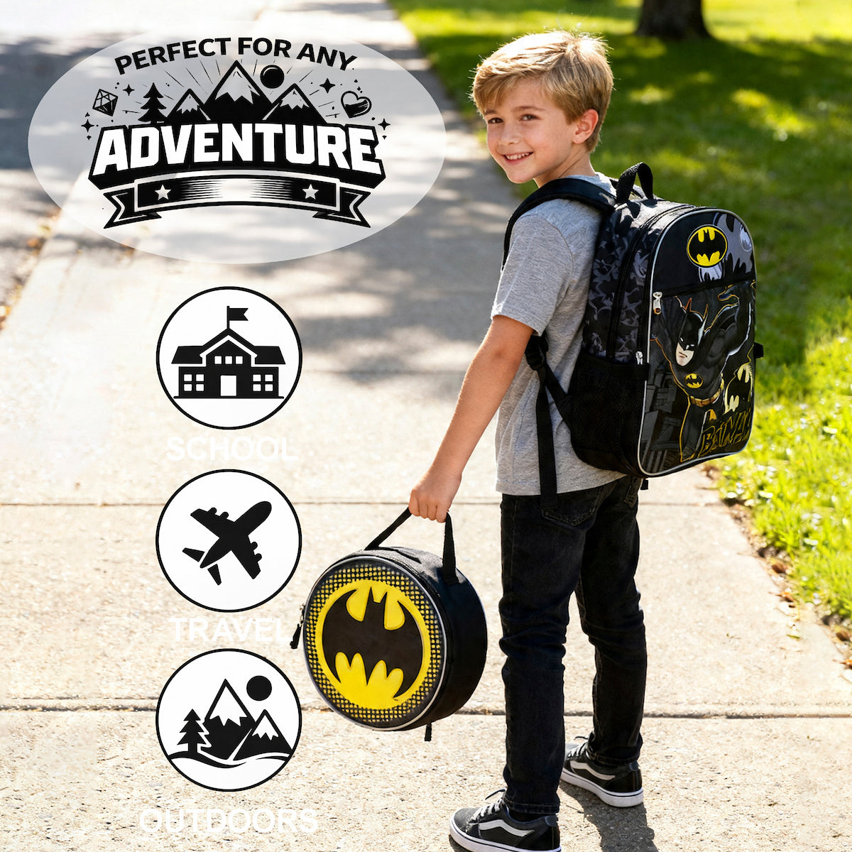 DC Comic Book Batman Symbol 5-Piece Backpack Accessory Set for boys
