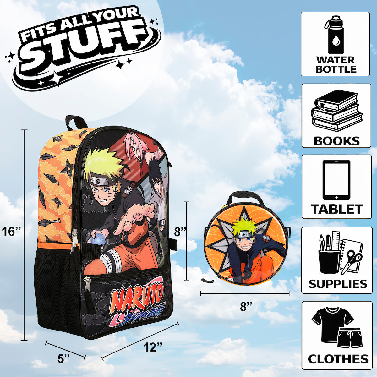 Naruto Anime Character Print Orange and Black 5-Piece Backpack Set For Boys