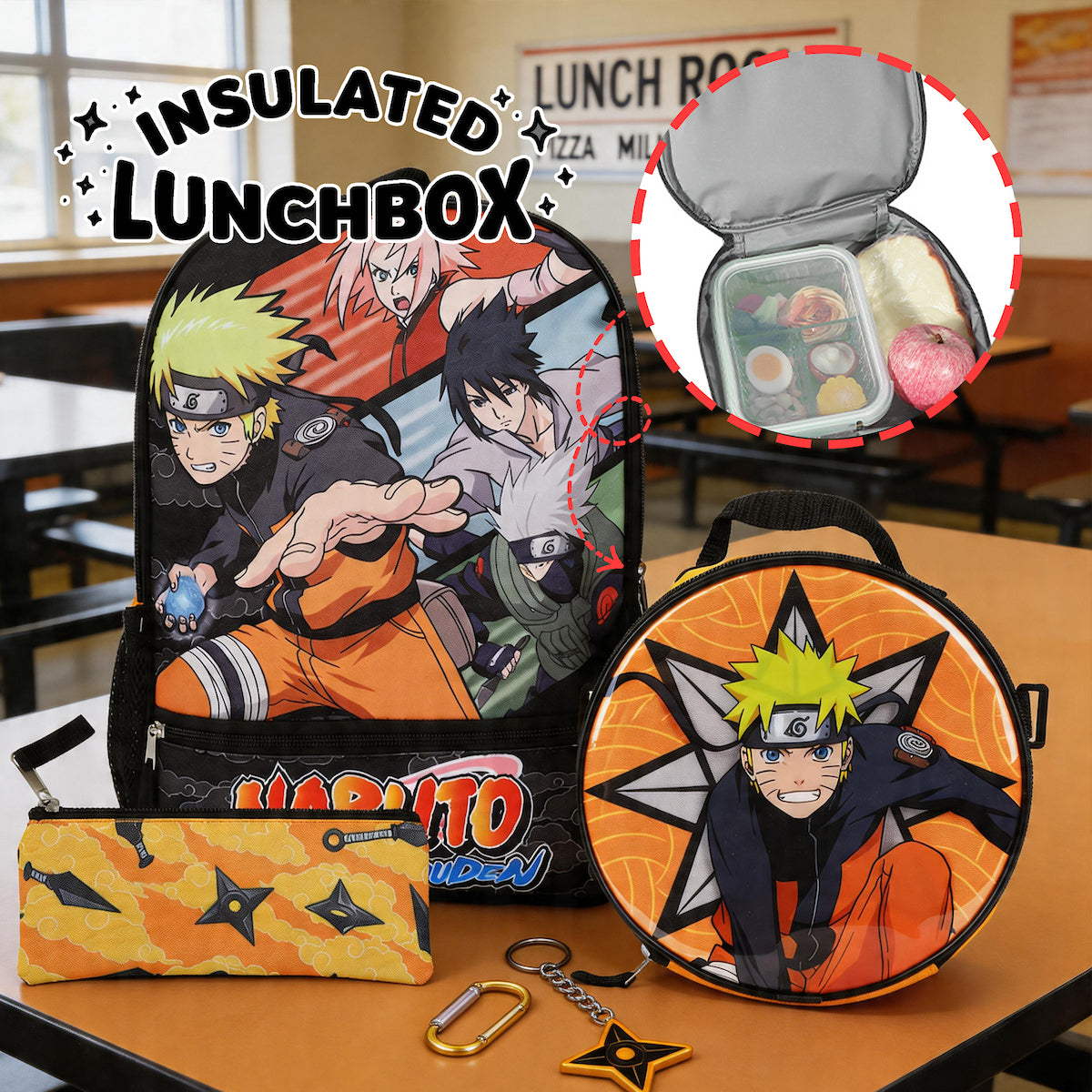 Naruto Anime Character Print Orange and Black 5-Piece Backpack Set For Boys