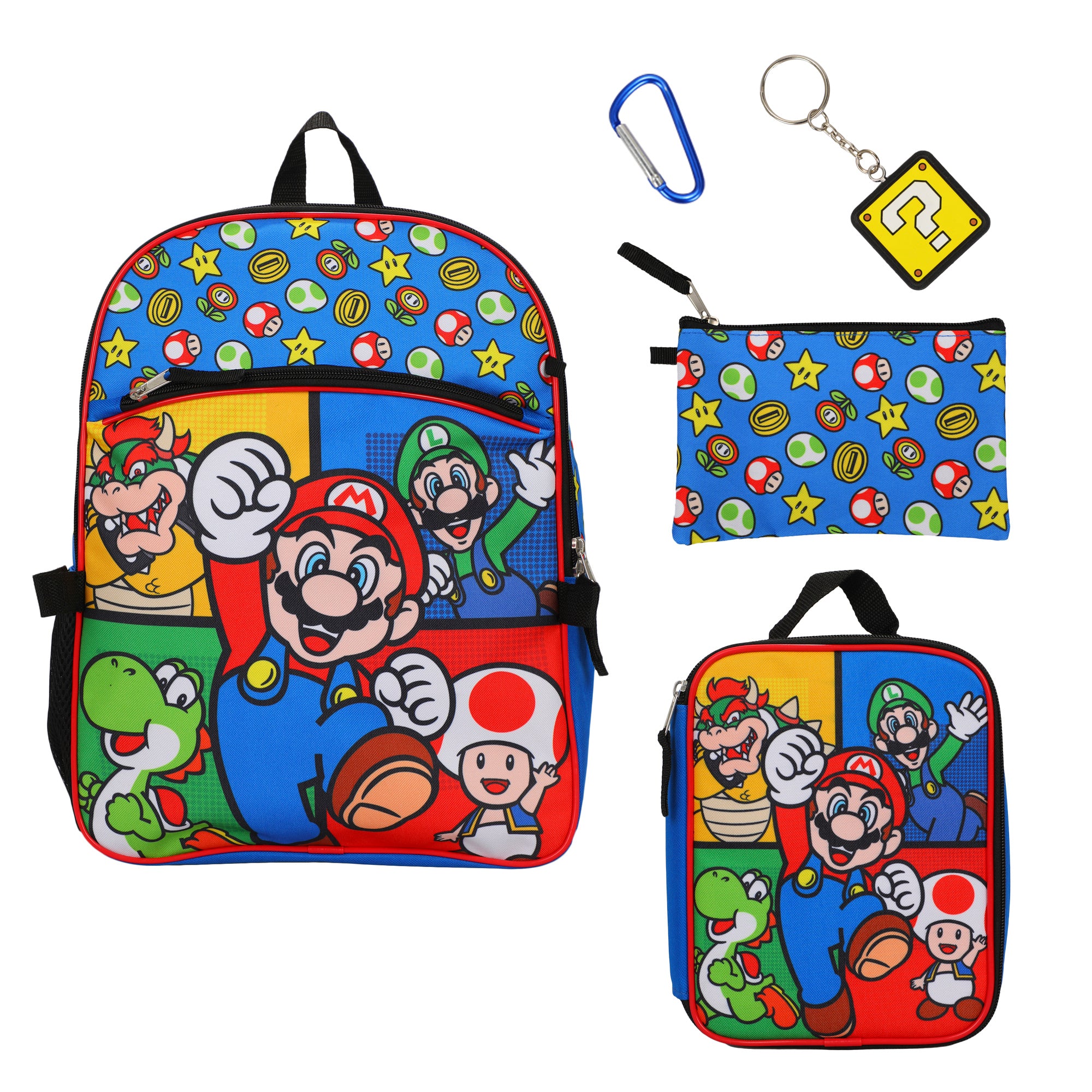 Super Mario Bros Characters & Power-Ups 16 inch Youth 5-Piece Backpack Set