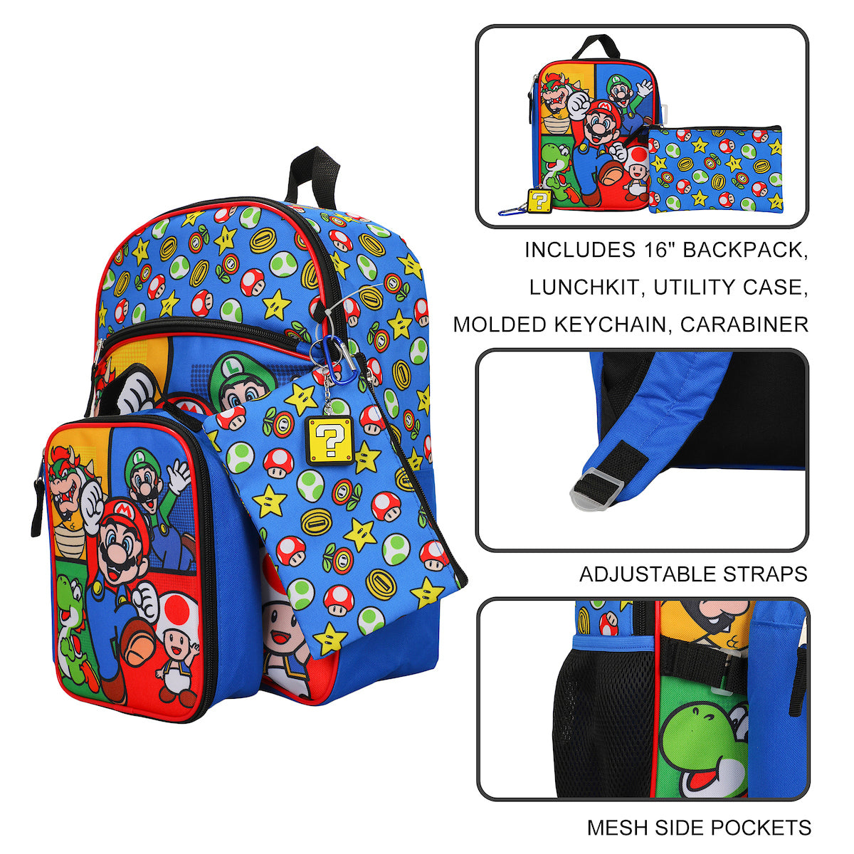 Super Mario Bros Characters & Power-Ups 16 inch Youth 5-Piece Backpack Set