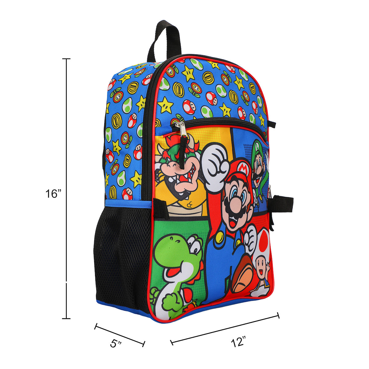Super Mario Bros Characters & Power-Ups 16 inch Youth 5-Piece Backpack Set