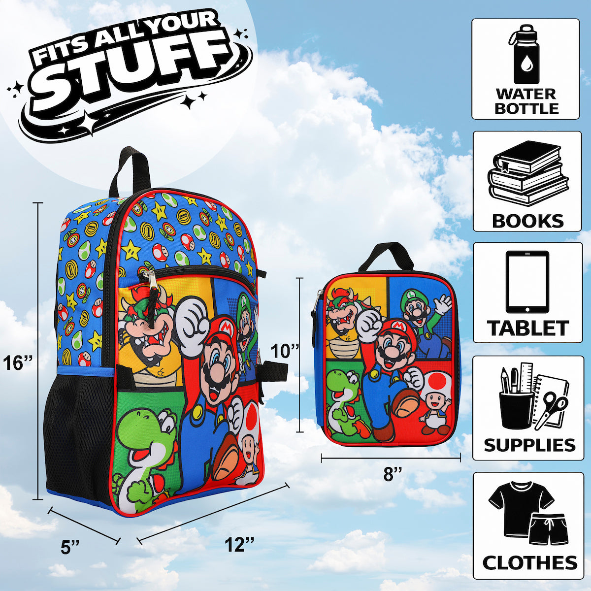 Super Mario Bros Characters & Power-Ups 16 inch Youth 5-Piece Backpack Set