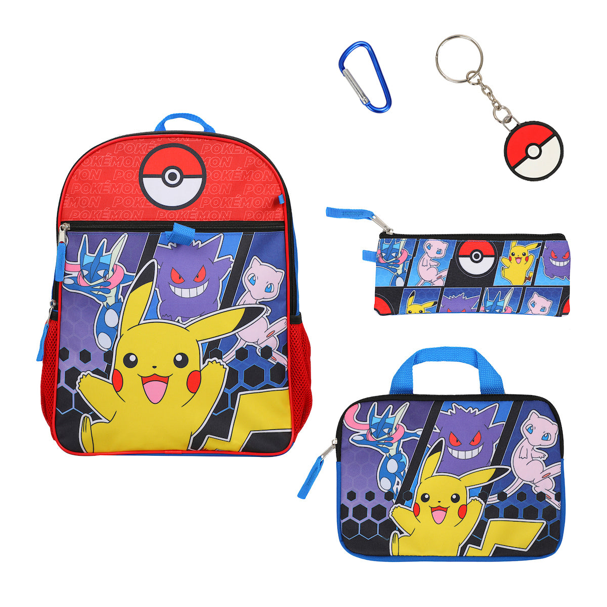 Pokemon 5-Piece Set: 16 Backpack, Padded Utility Case, Small Utility Case, Rubber Keychain, and Carabiner