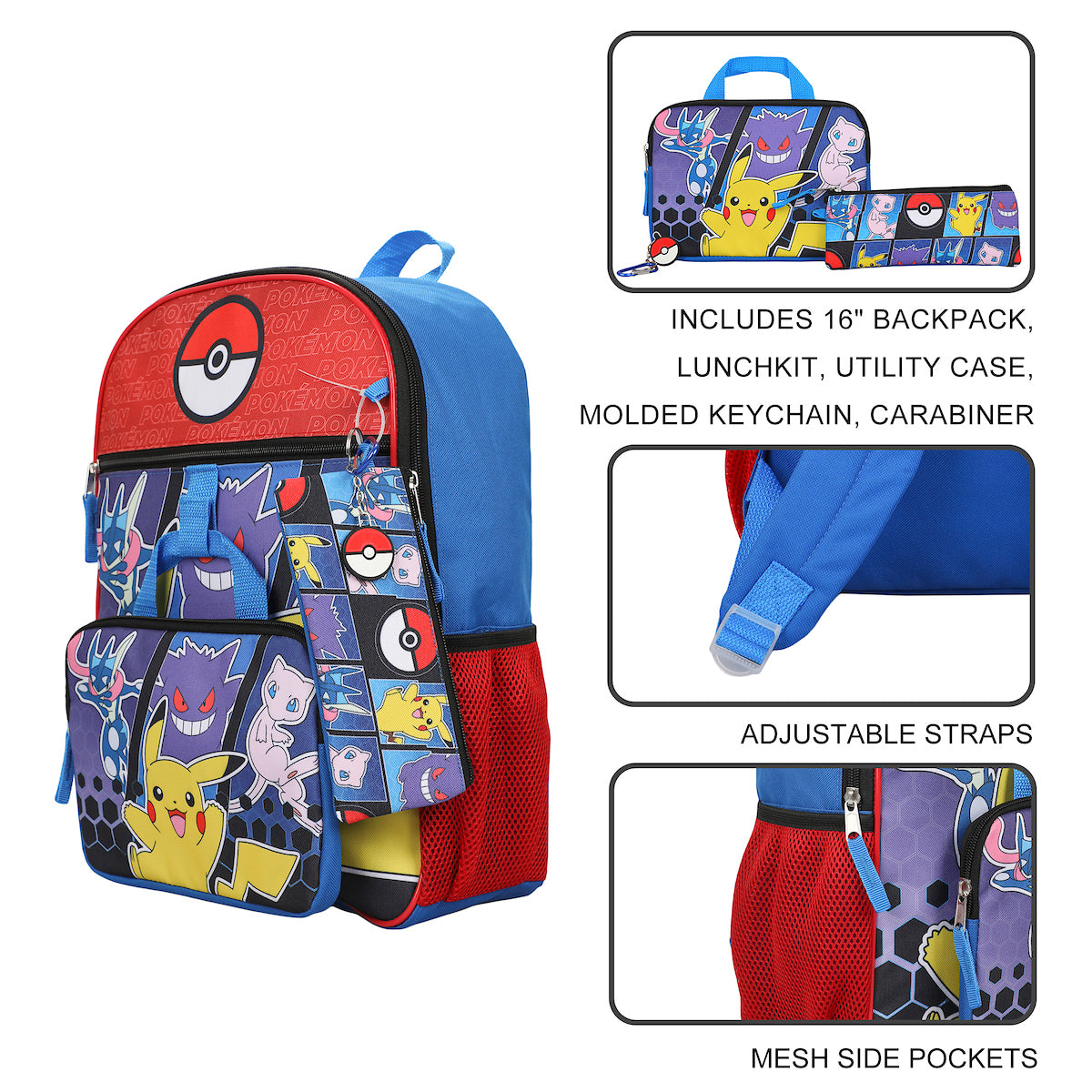 Pokemon 5-Piece Set: 16 Backpack, Padded Utility Case, Small Utility Case, Rubber Keychain, and Carabiner