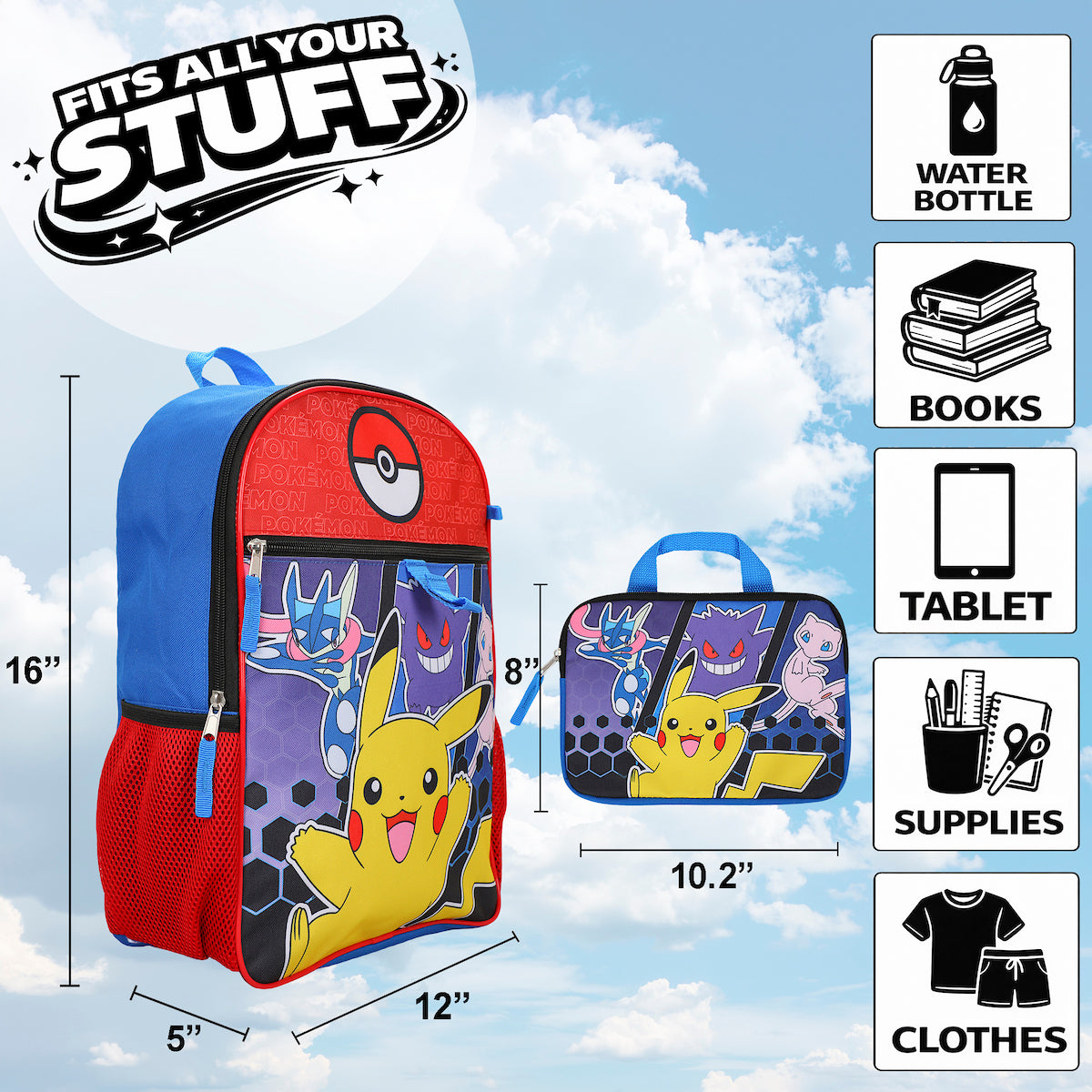 Pokemon 5-Piece Set: 16 Backpack Padded Utility Case Small Utility Case Rubber Keychain and Carabiner