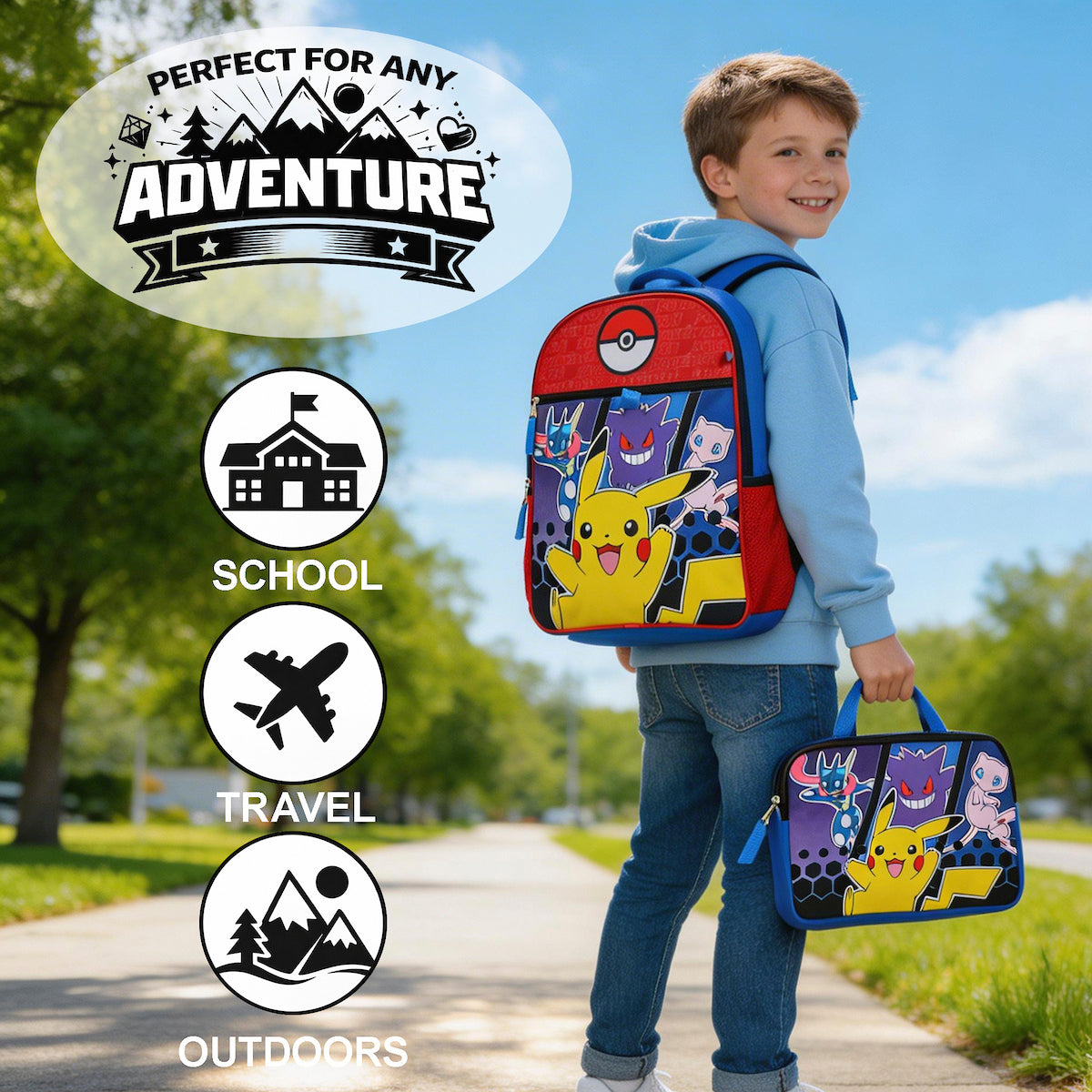 Pokemon 5-Piece Set: 16 Backpack Padded Utility Case Small Utility Case Rubber Keychain and Carabiner