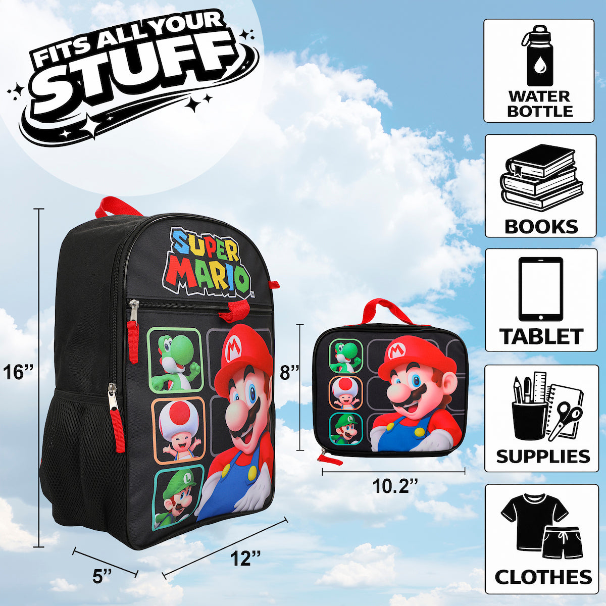 Super Mario Bros Character Grid 16 inch Youth 5-Piece Backpack Set