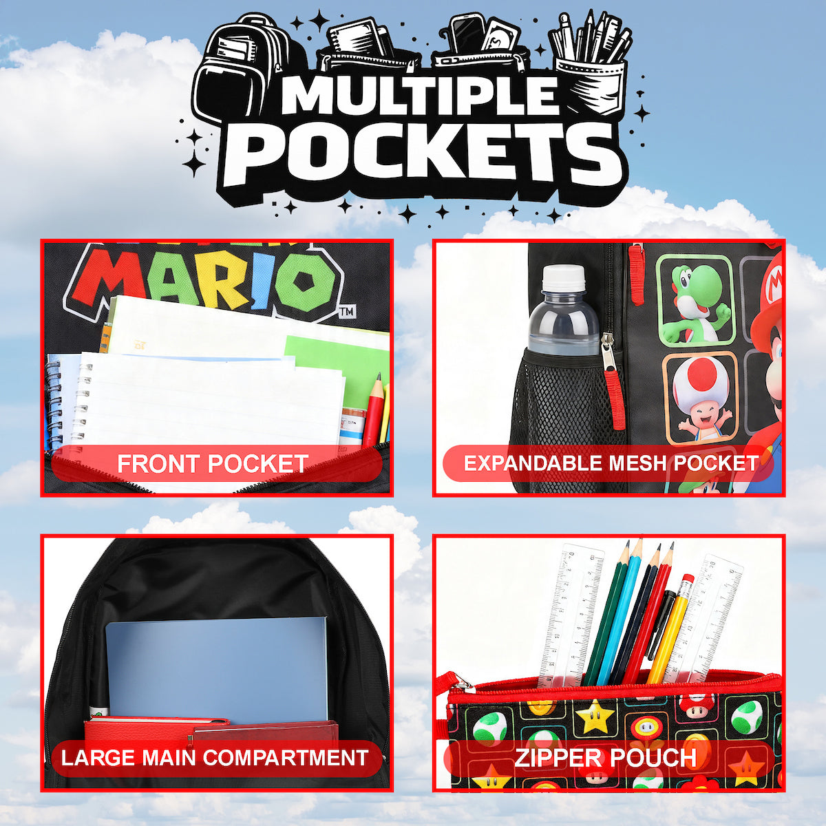 Super Mario Bros Character Grid 16 inch Youth 5-Piece Backpack Set